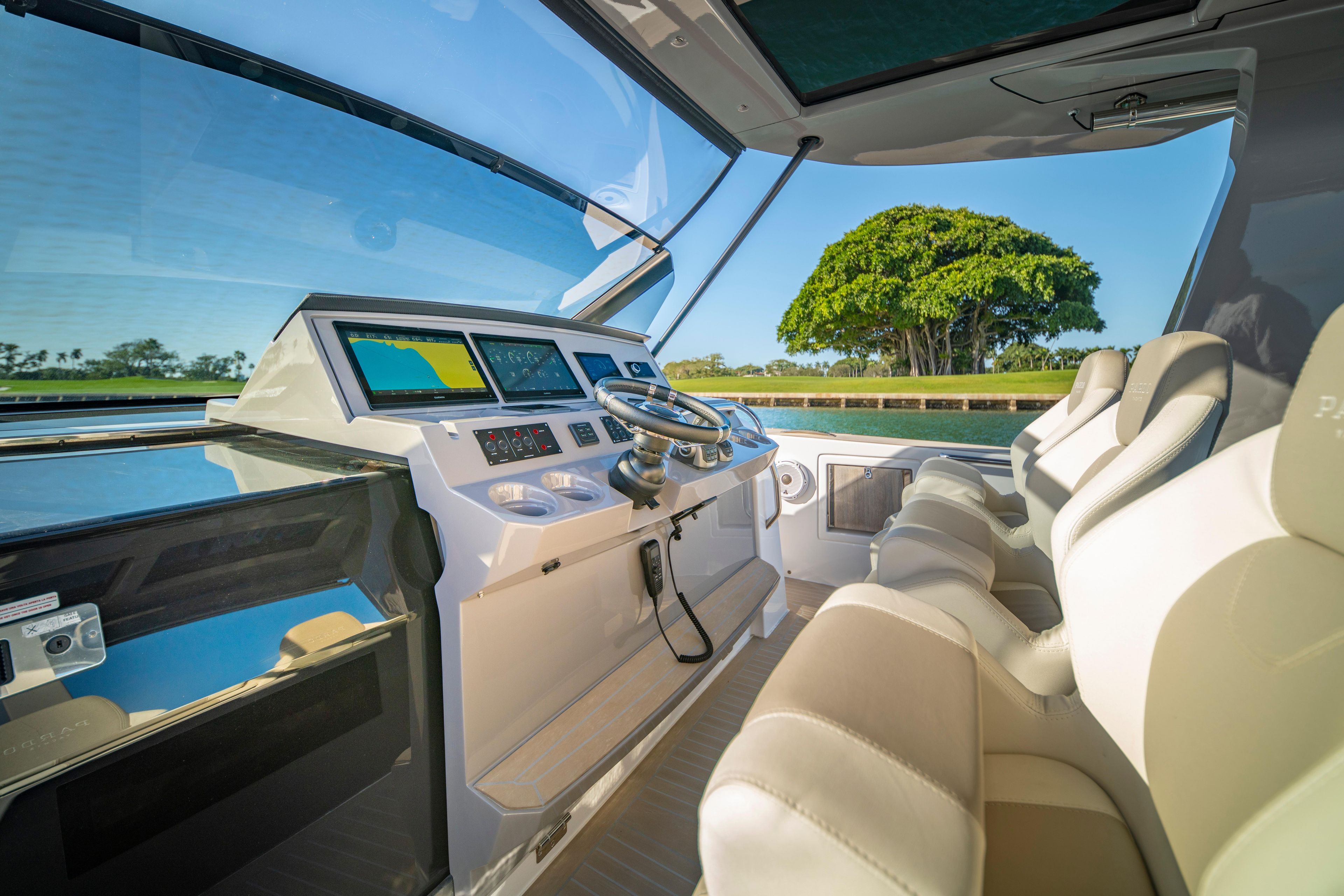 2024 Pardo Yachts P43 helm with modern controls and luxurious seating.