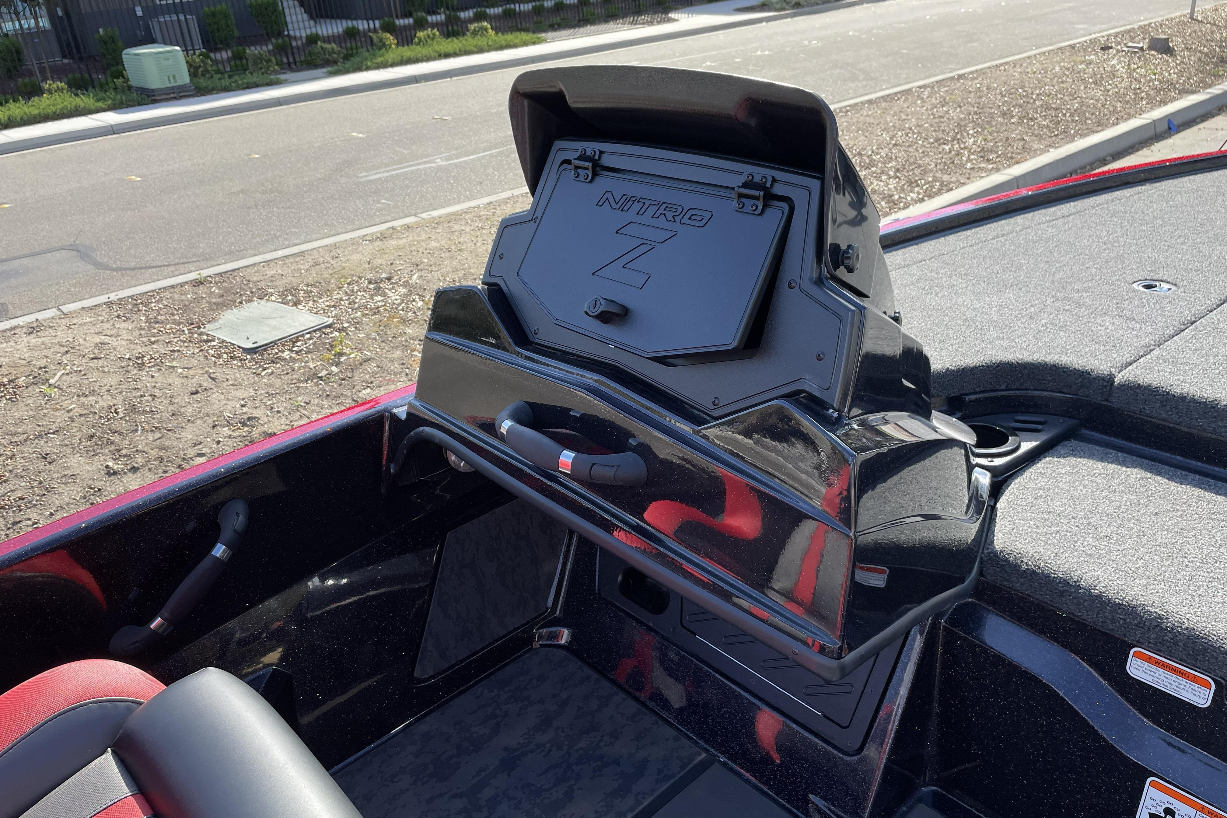 2026 Nitro Z19 XL boat dashboard with open storage compartment.