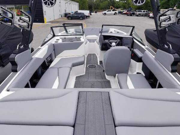 2023 ATX Surf Boats 20 Type-S interior with gray seating and modern dashboard.