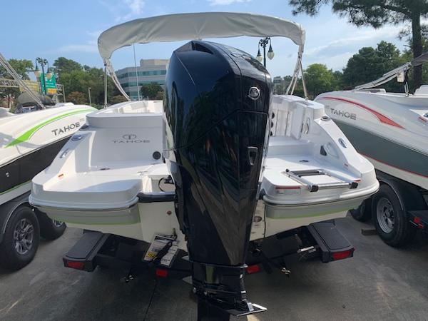 2024 Tahoe 2150 CC boat with outboard motor, rear view.