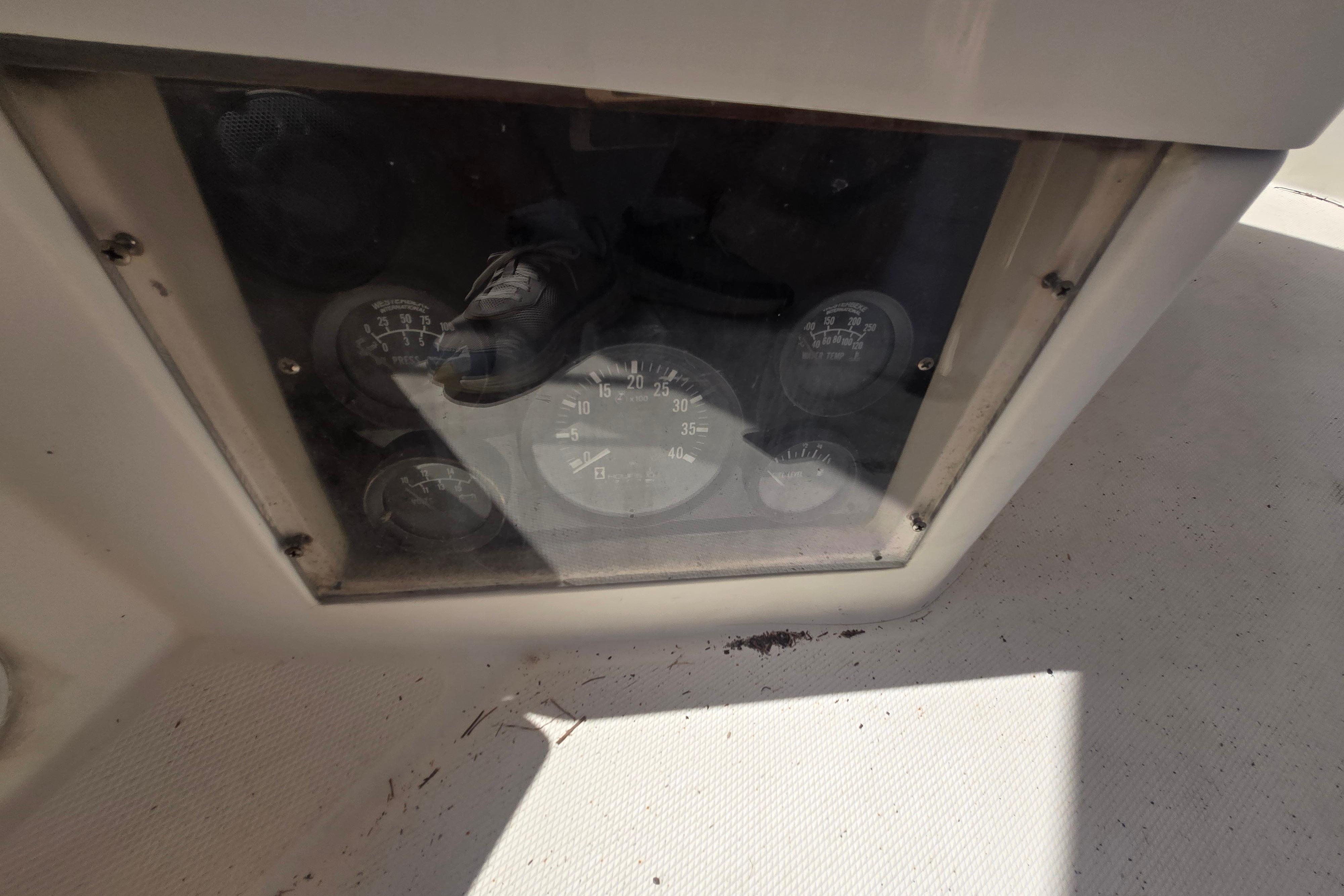 Instrument panel of a 1988 Sabre 38 sailboat, featuring various gauges.