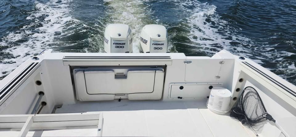 The image shows the stern of a 2000 Wellcraft 290 Coastal boat with two Evinrude engines.