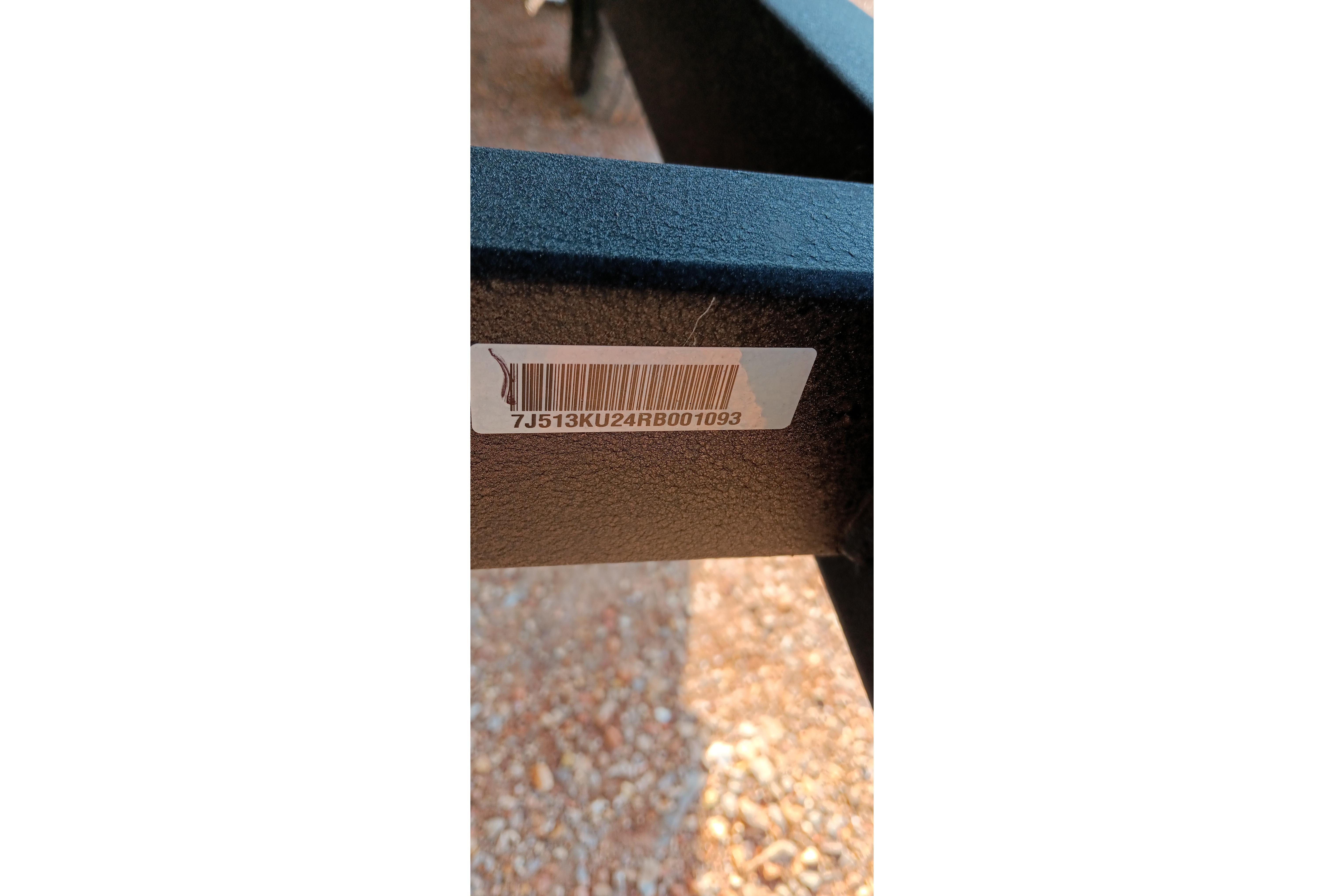 Barcode on 2023 Ranger 2500LS boat trailer frame, displaying serial number.