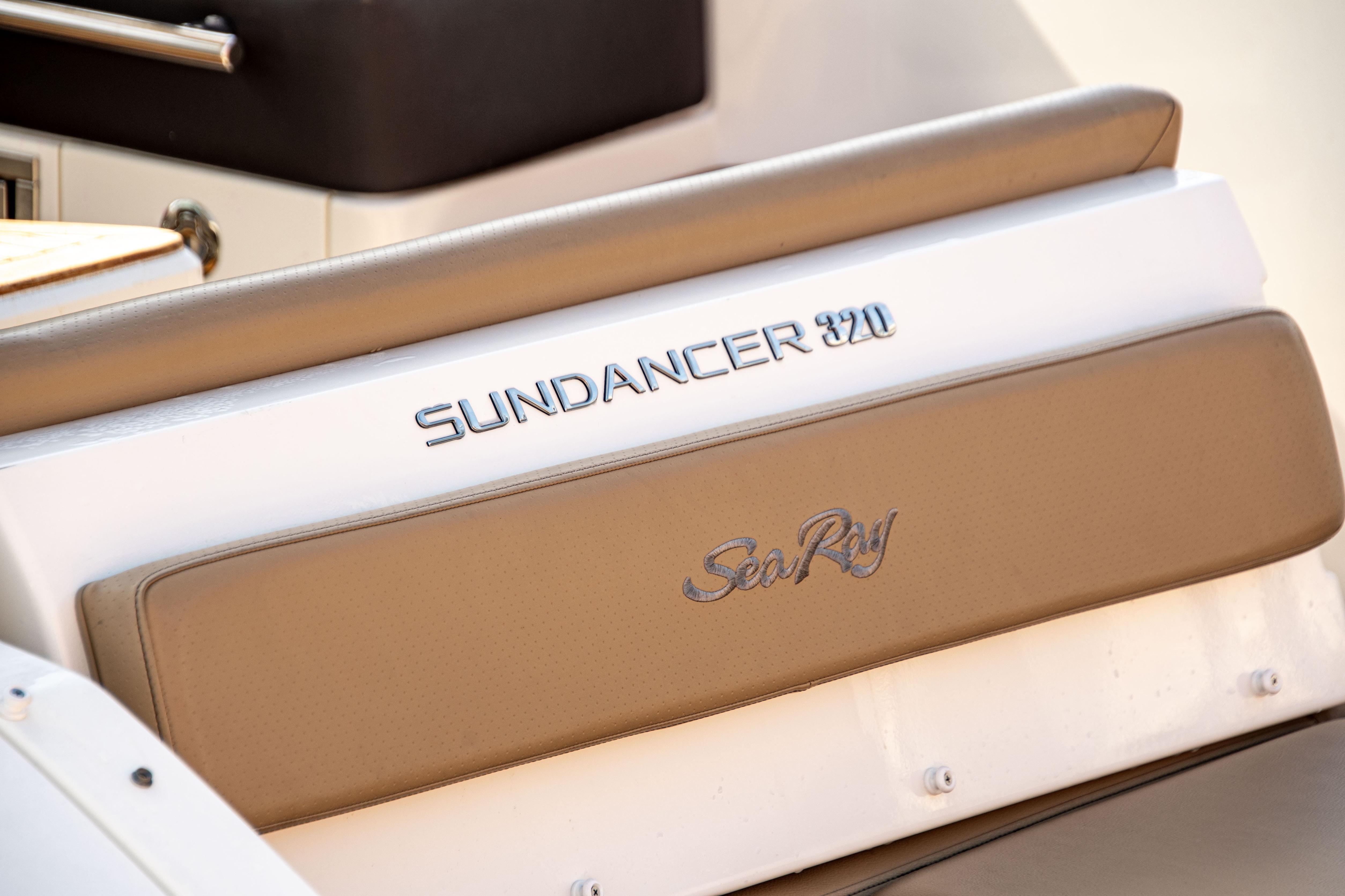 2022 Sea Ray Sundancer 320 boat seating with logo detail.