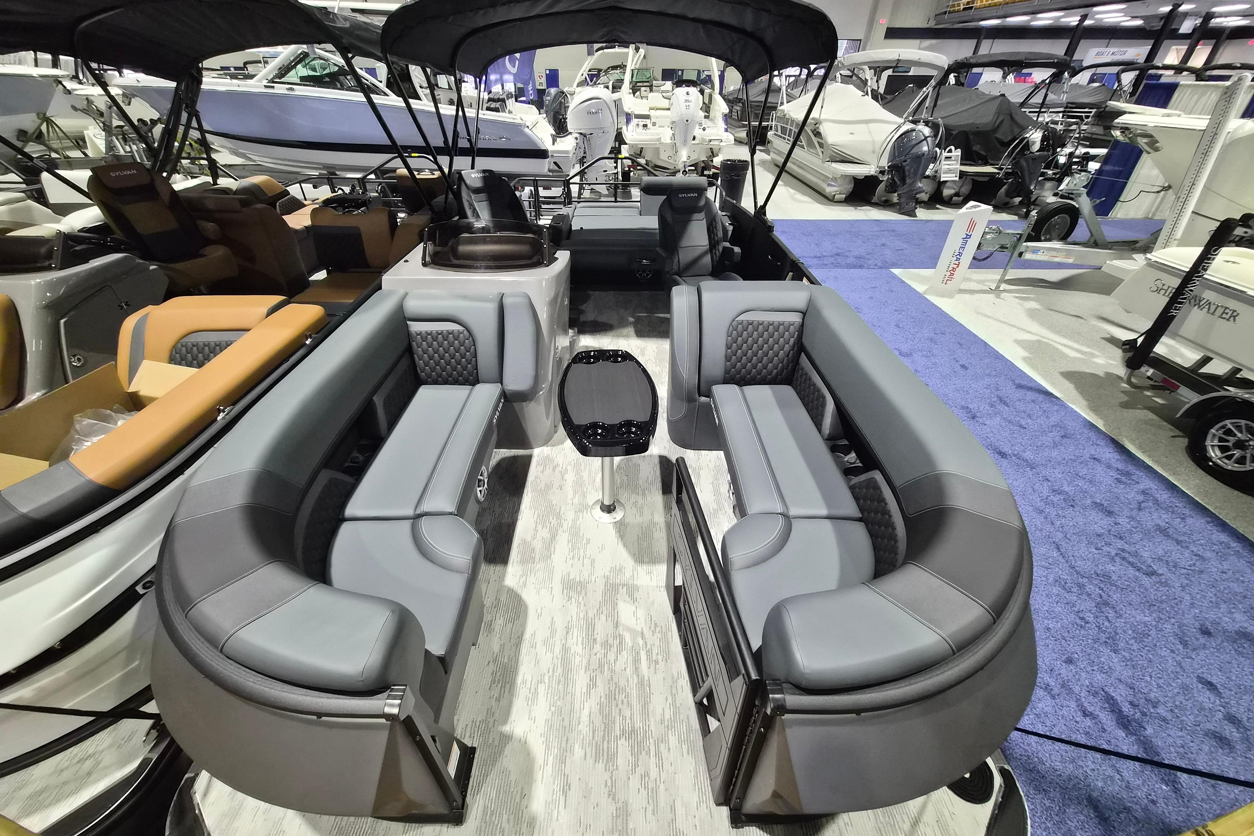 Luxurious 2026 Sylvan L3 ULZ pontoon boat interior with plush seating and modern design.