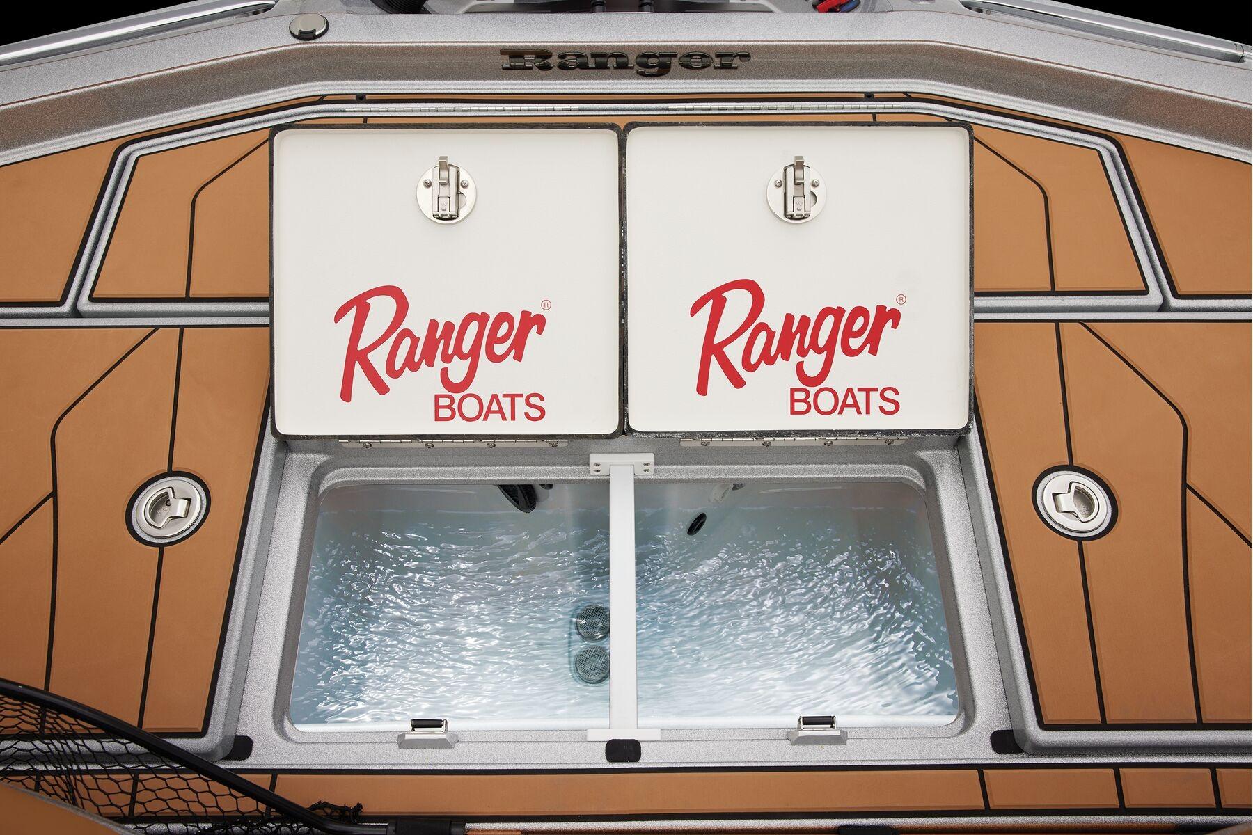 Manufacturer Provided Image: 2026 Ranger Z520R Ultra boat deck with livewell and storage compartments.