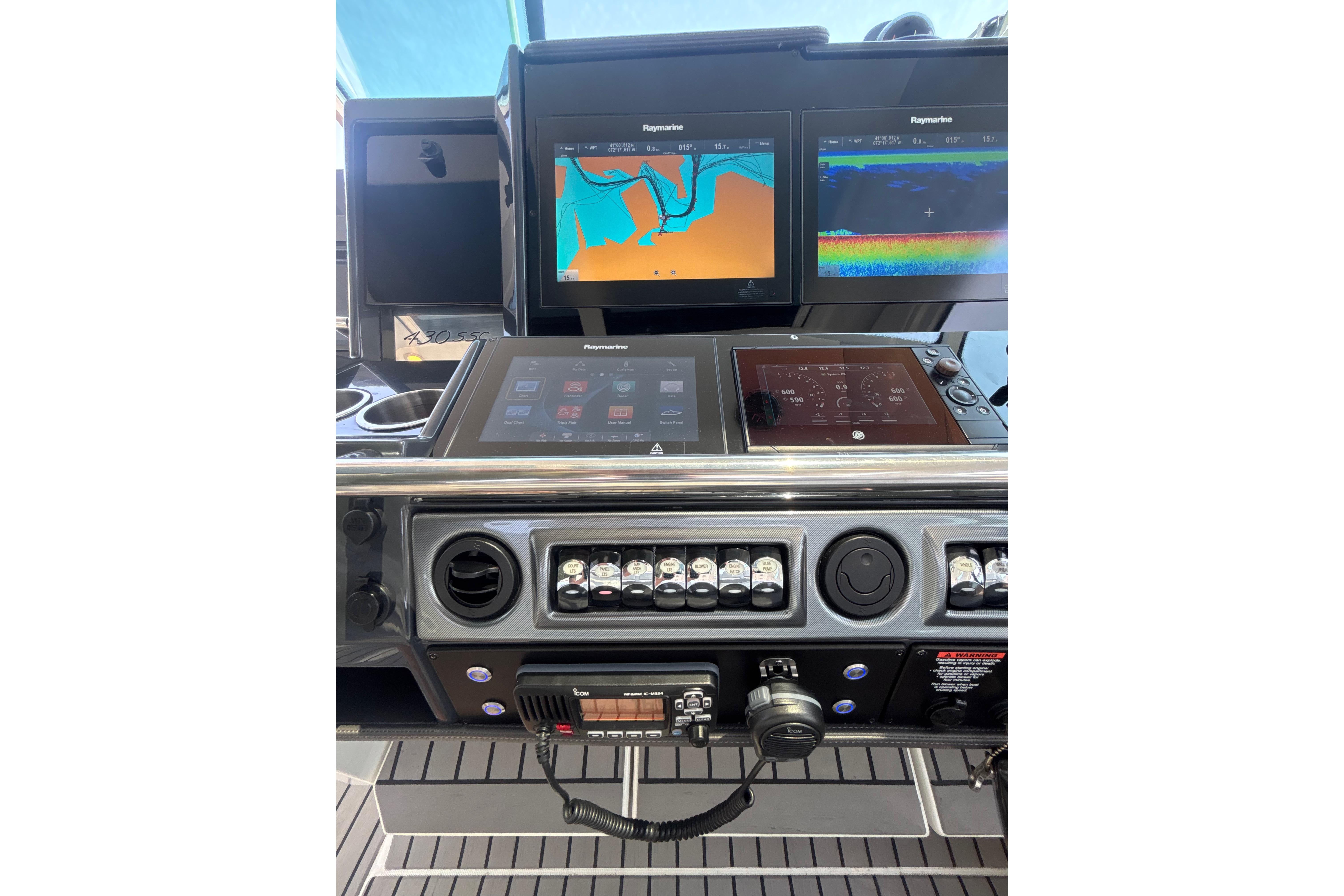 Control panel of 2019 Formula 430 Super Sport Crossover with navigation screens and controls.