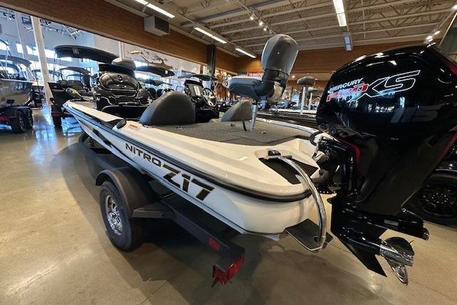 2026 Nitro Z17 boat with powerful outboard motor in showroom display.