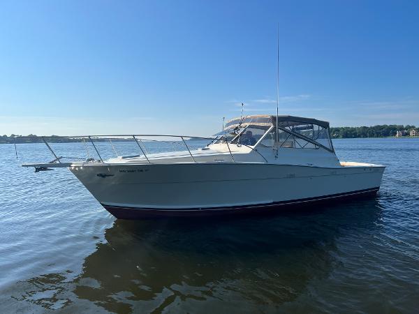 A white boat floating on calm water, with a clear blue sky in the background.