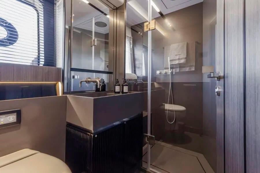 Modern bathroom interior in 2023 Pearl 72 yacht, featuring sleek design and luxury amenities.
