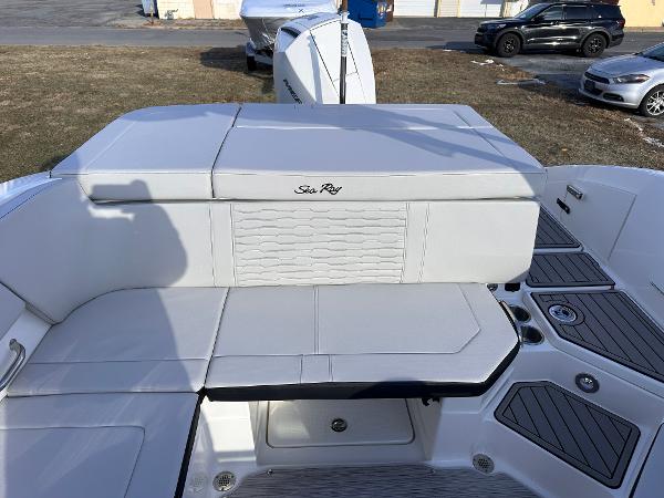 2025 Sea Ray SPX 230 OB boat interior with white seating and deck details.