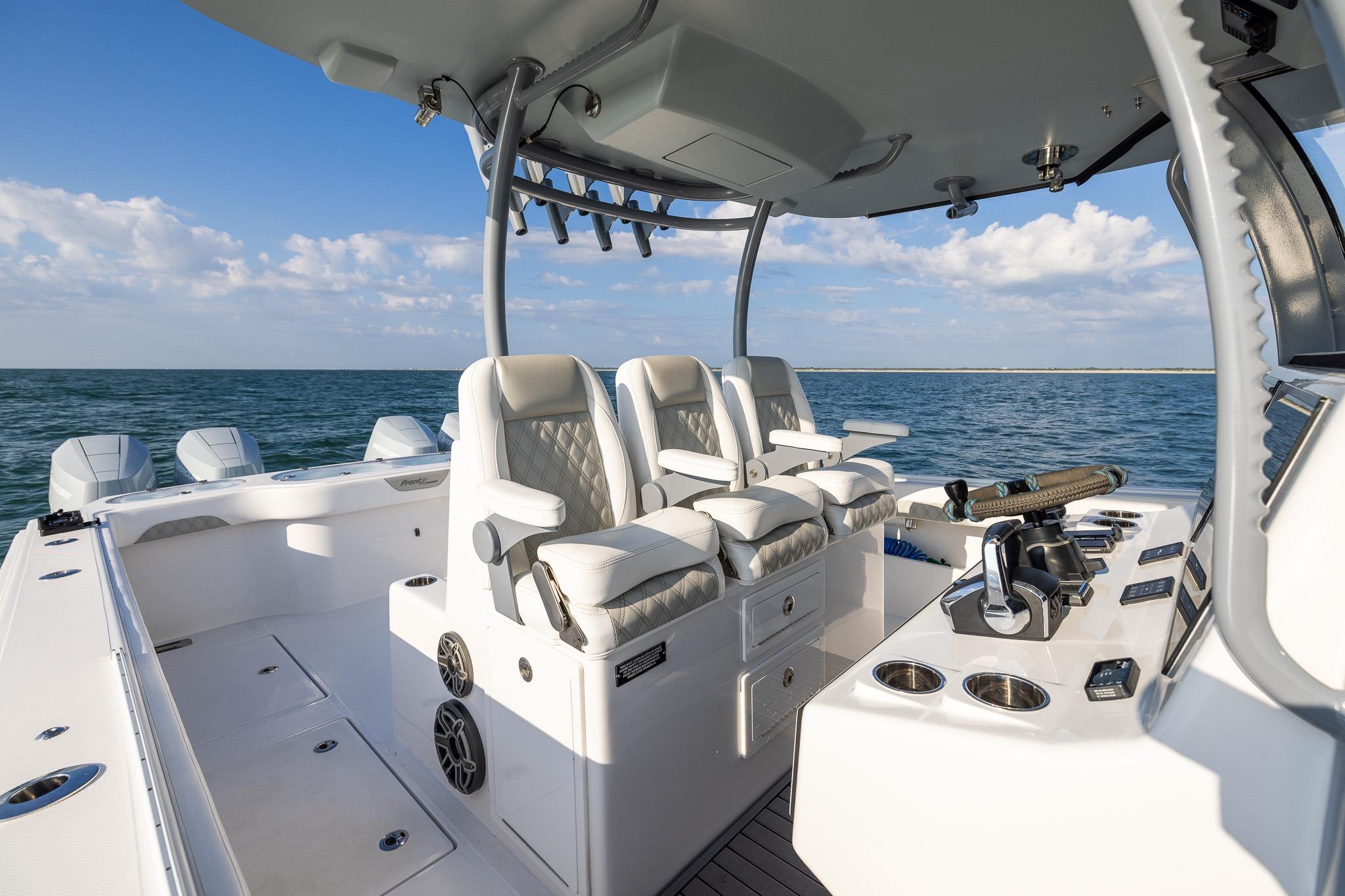 2026 Front Runner 37 Catamaran interior with luxurious seating and ocean view.