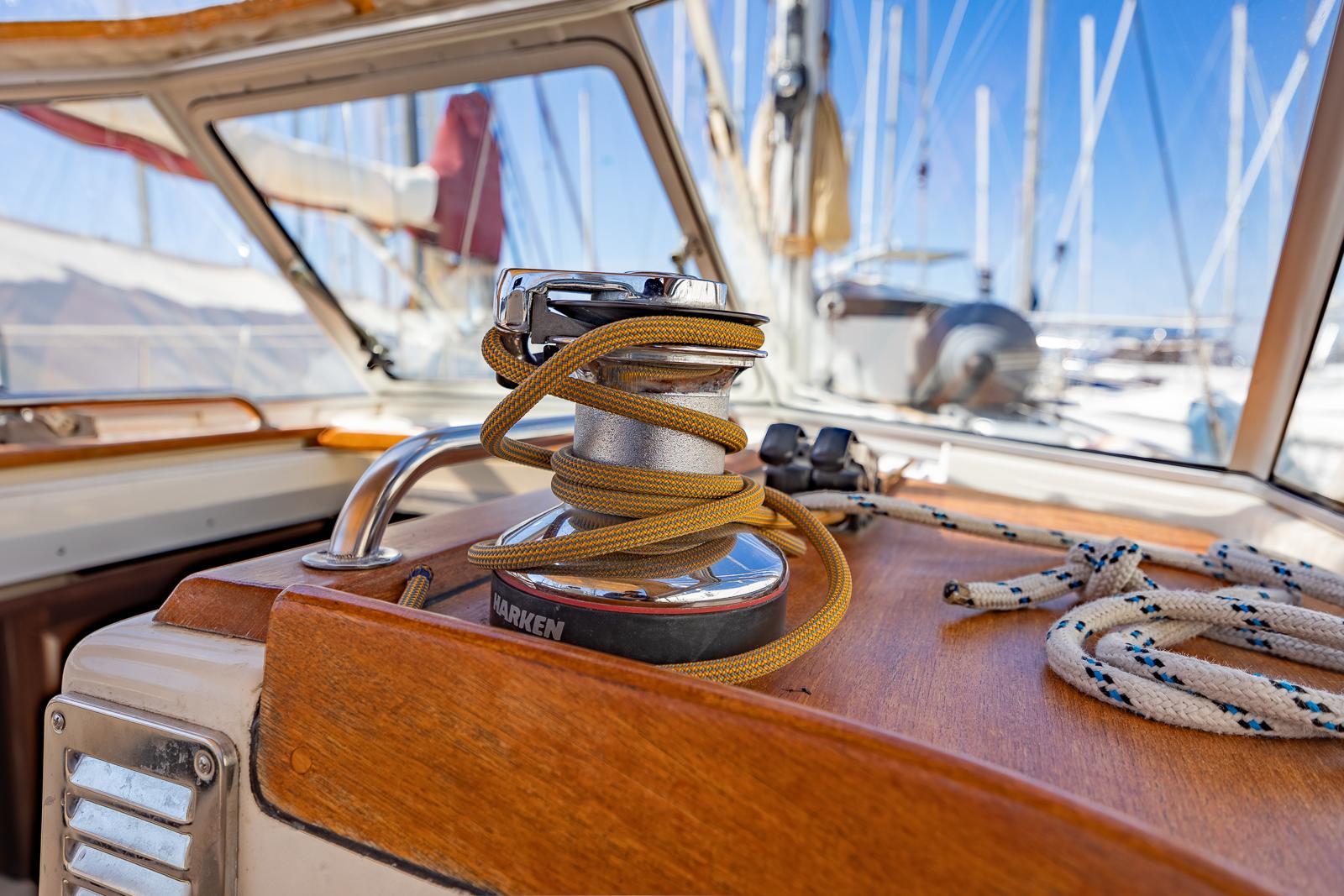 Sailing yacht Bavaria 42 Ocean, 1999 model, with ropes and winch on deck.