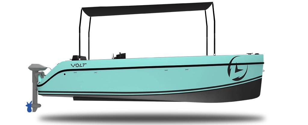 2023 Vision Marine Technologies Volt 180 electric boat, side view, turquoise color, with canopy.