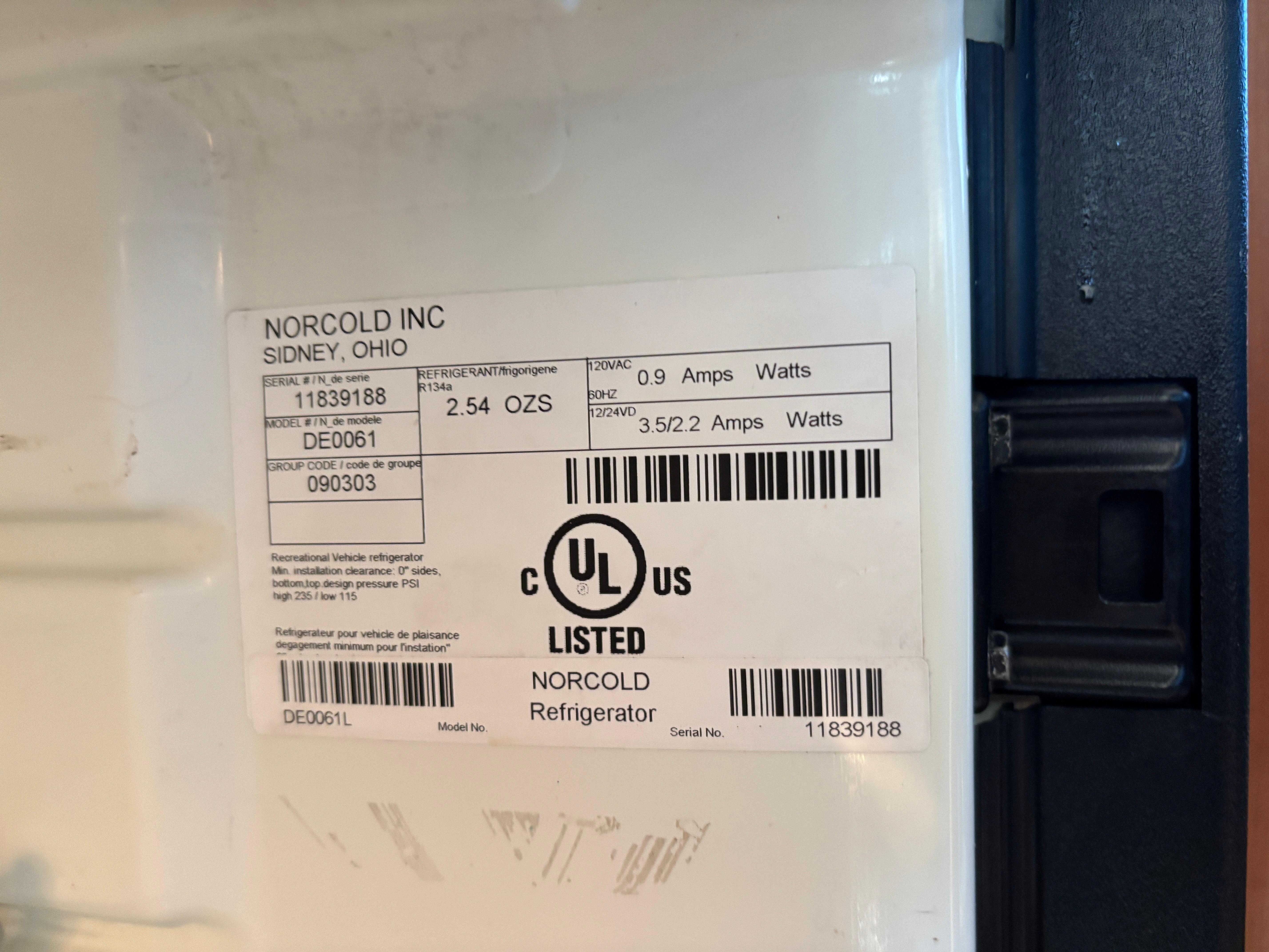 Label on Norcold refrigerator in 2001 Silverton 410 Sport Bridge, showing model and serial numbers.