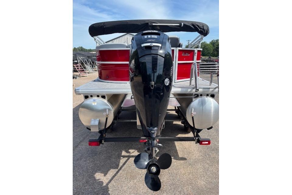 2026 Sun Tracker Party Barge 20 DLX pontoon boat with Mercury outboard motor, rear view.
