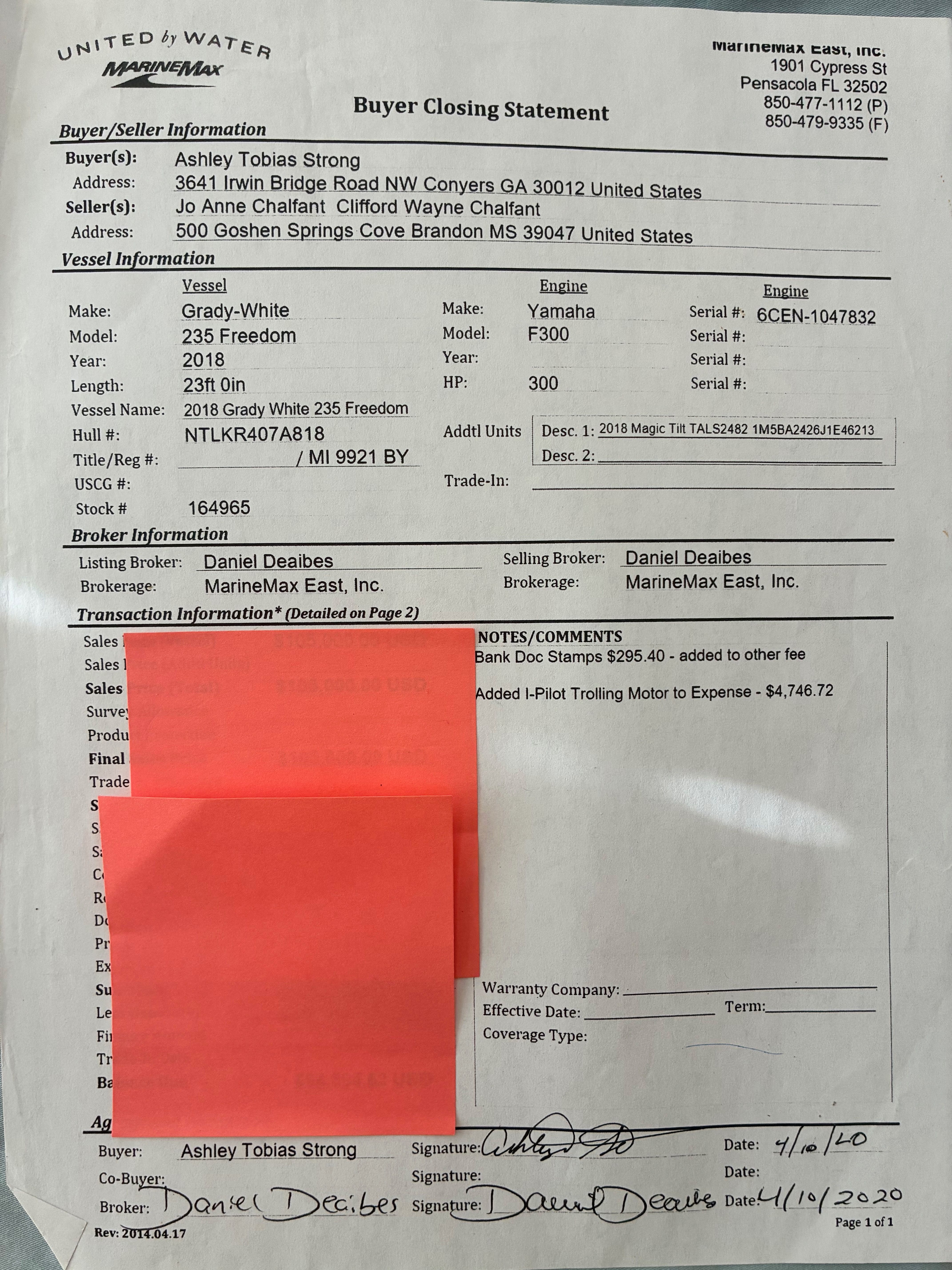 Buyer closing statement for 2018 Grady-White Freedom235 boat.