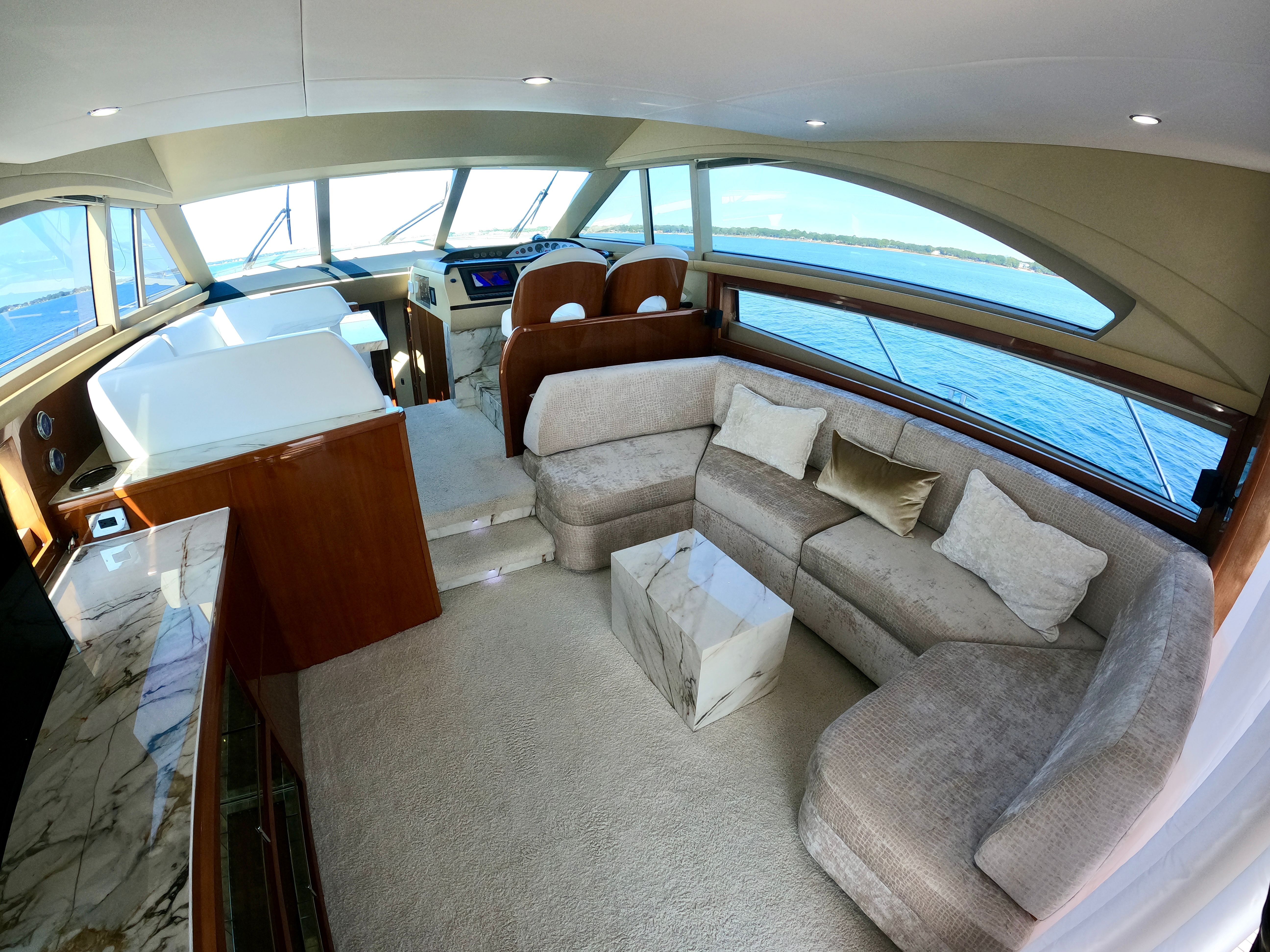 Luxurious interior of Viking Princess F54 flybridge yacht, 2009 model.