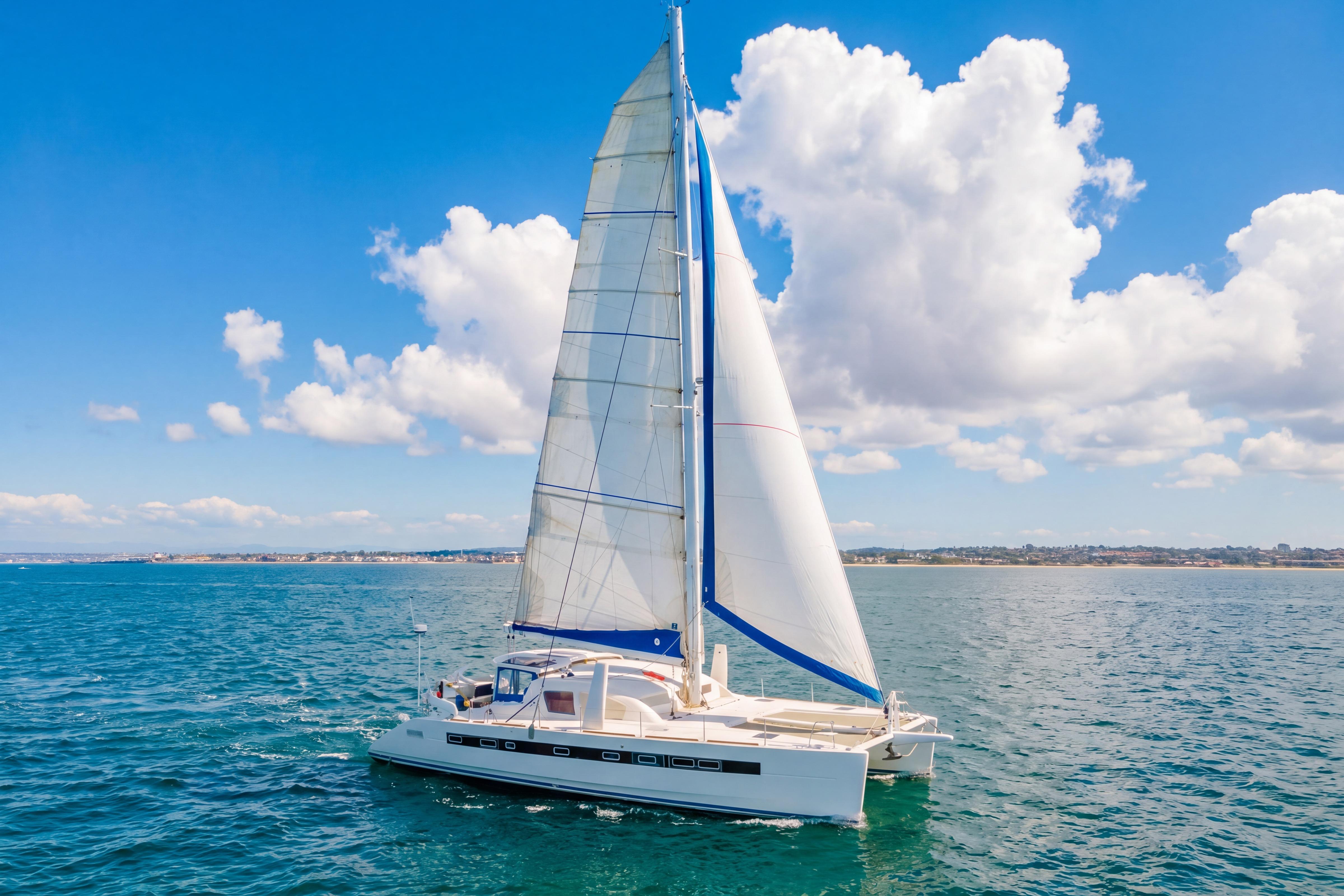 2009 Catana 65 sailing catamaran on open sea under clear blue sky.