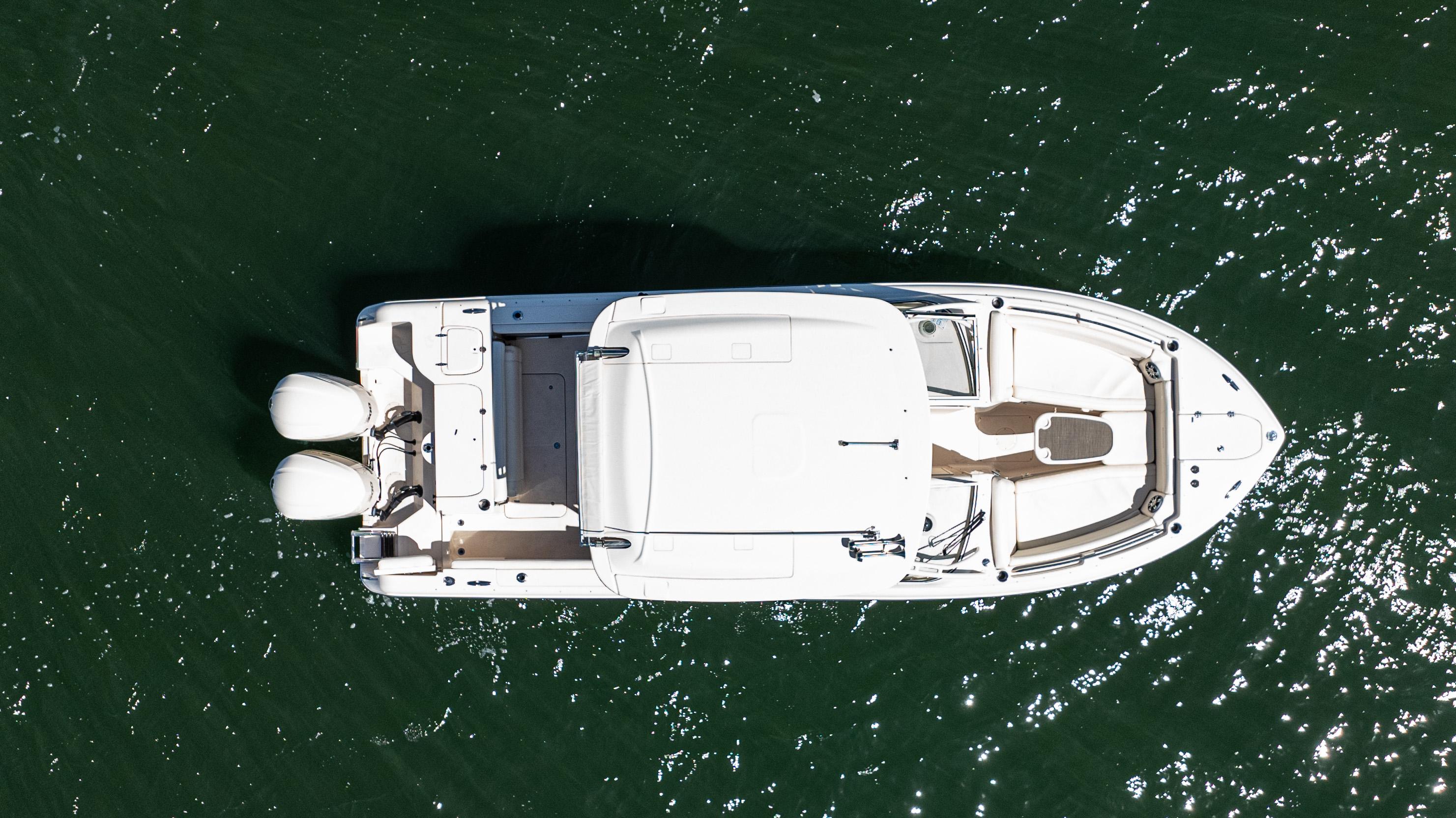 Aerial view of 2020 Grady-White Freedom 285 boat on water.