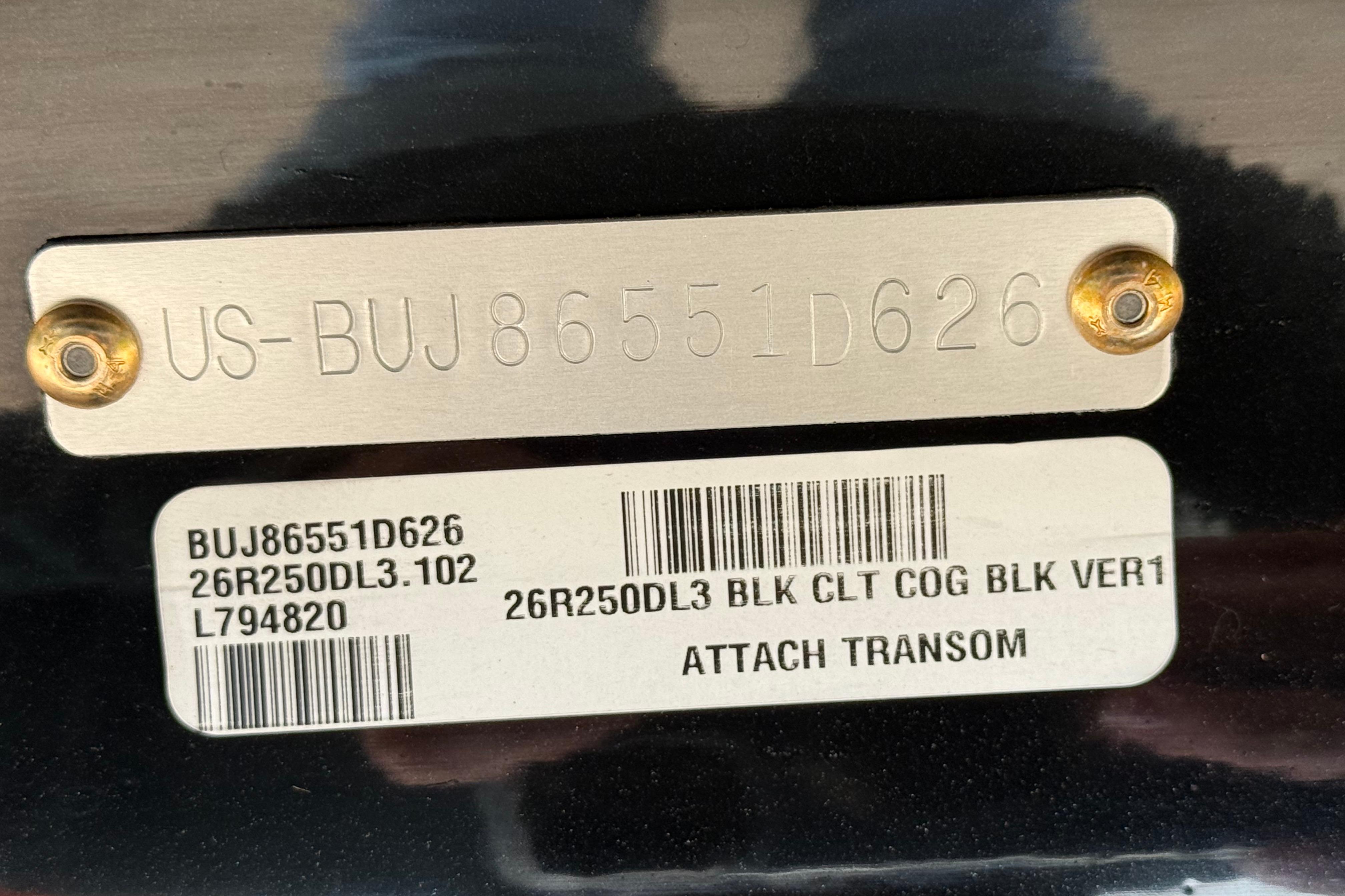 Hull identification number plate on a 2026 Regency 250 DL boat.