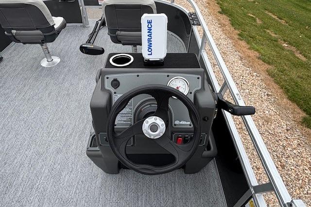 Steering console of 2026 Sun Tracker Bass Buggy 16 XL Select with Lowrance device.