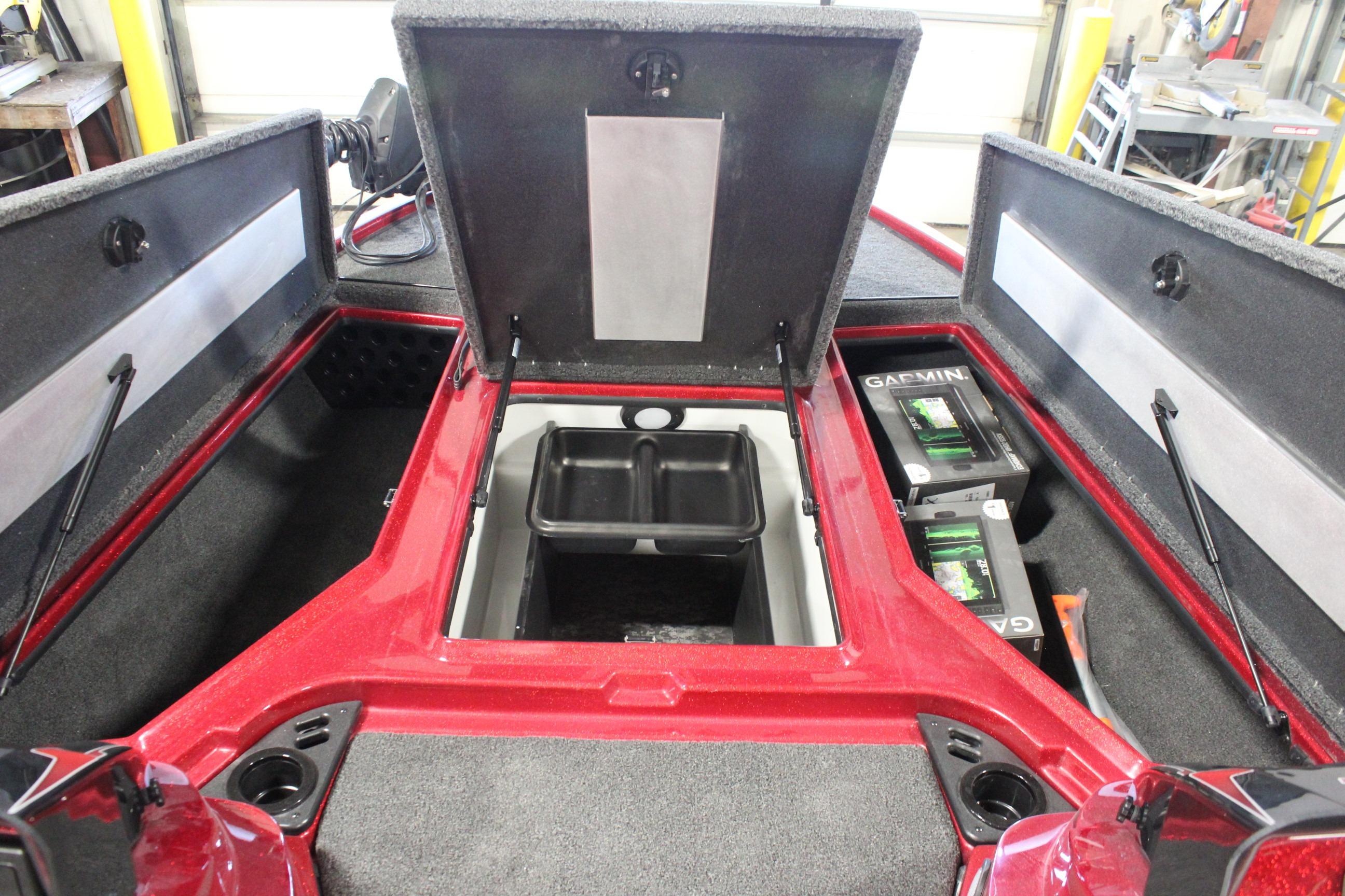 2026 Nitro Z19 XL Pro boat storage compartments with Garmin electronics and organized interior layout.