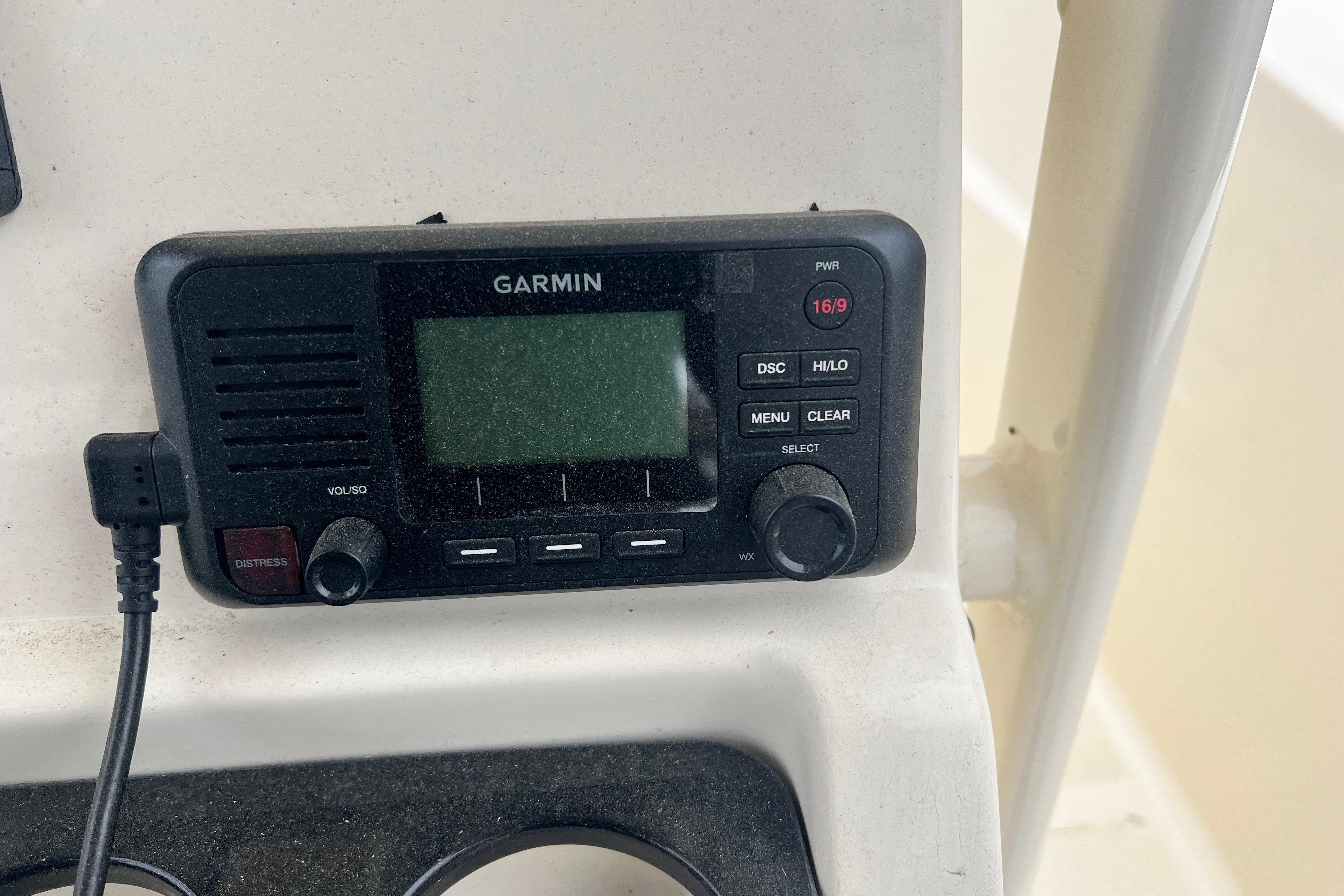 Garmin marine radio on 2020 Scout 195 Sportfish boat dashboard.