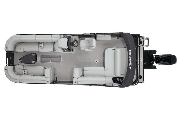 2023 Regency 250DL3 pontoon boat, top view, spacious seating, modern design.