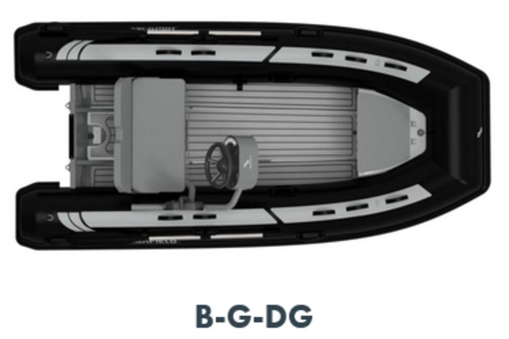Top view of a 2025 Highfield CL360 boat with steering console and seating.