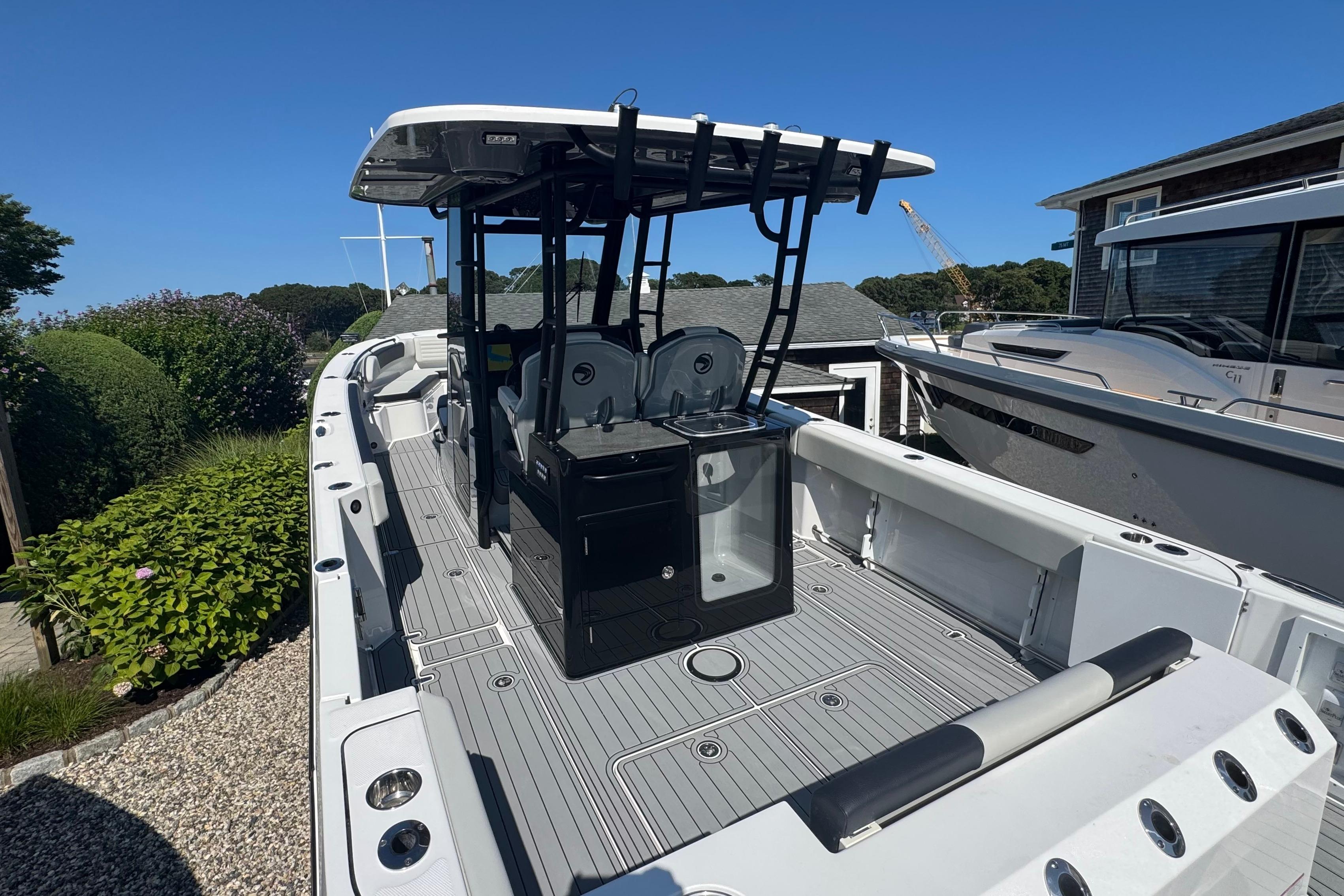 2025 Edgewater 340CC boat with sleek deck design and modern features.