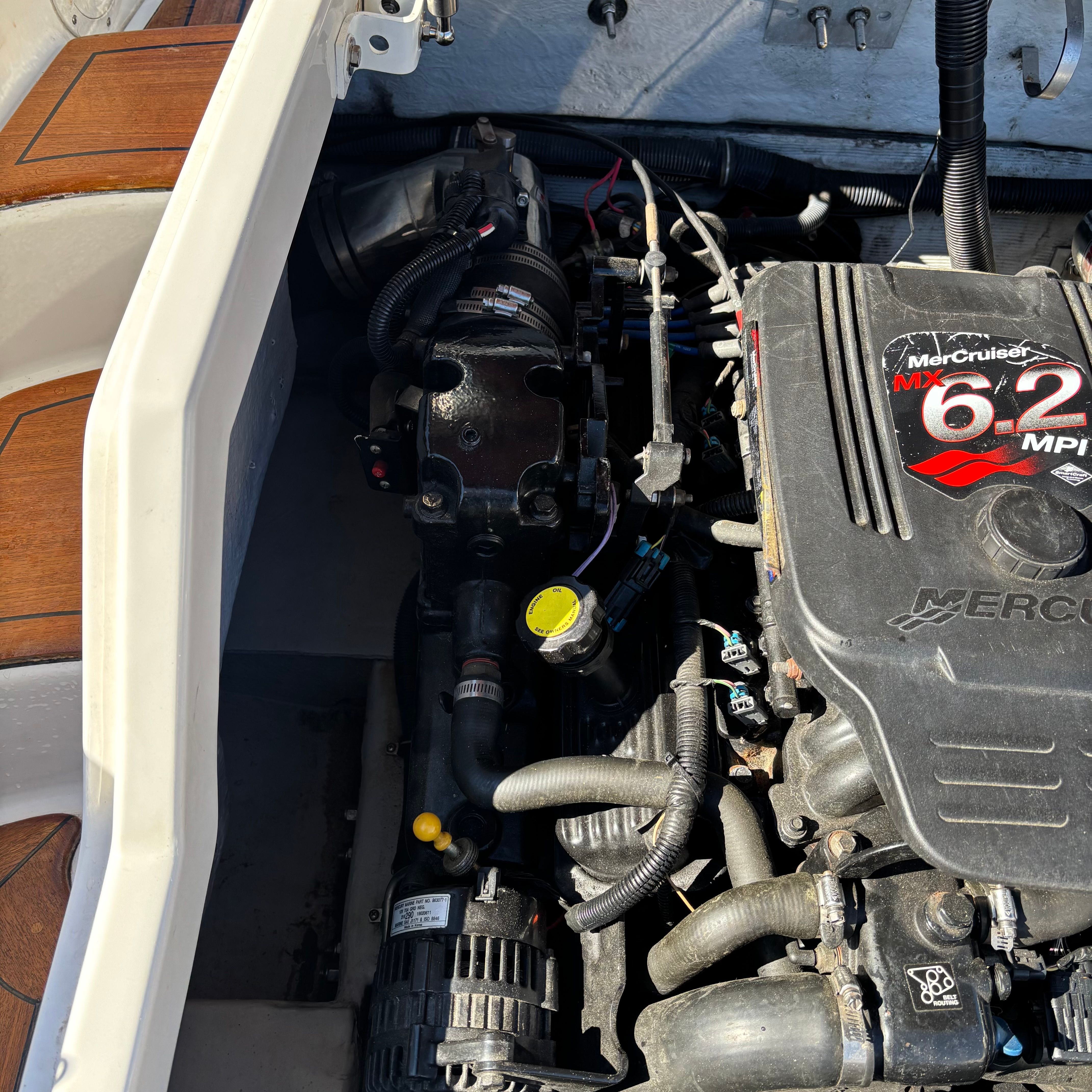 Engine compartment of a 2003 Chris-Craft Launch 22 with a MerCruiser 6.2 MPI engine.