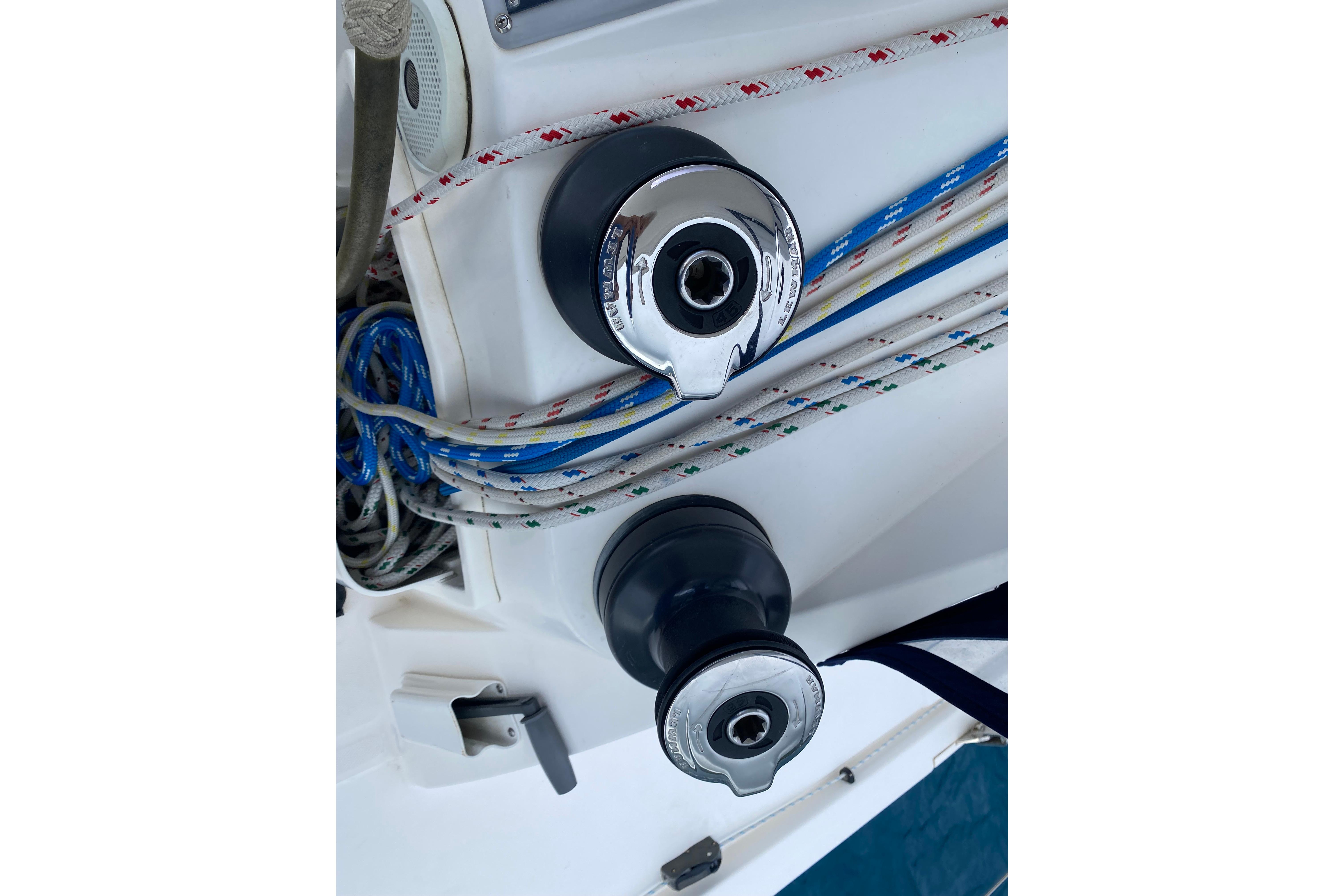 Winches and ropes on a 2017 Leopard 40 sailboat deck.