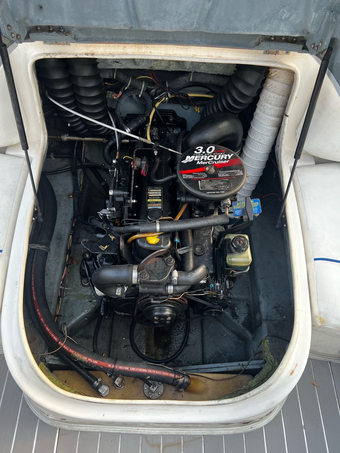 Engine compartment of a 2006 Bayliner 185 with a 3.0L Mercury engine.