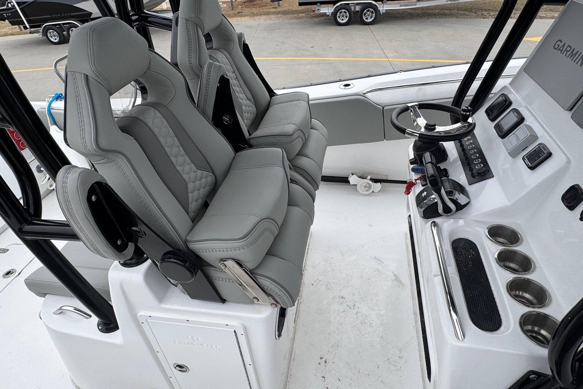 2024 Cape Horn 32 XS boat interior with modern helm and seating.