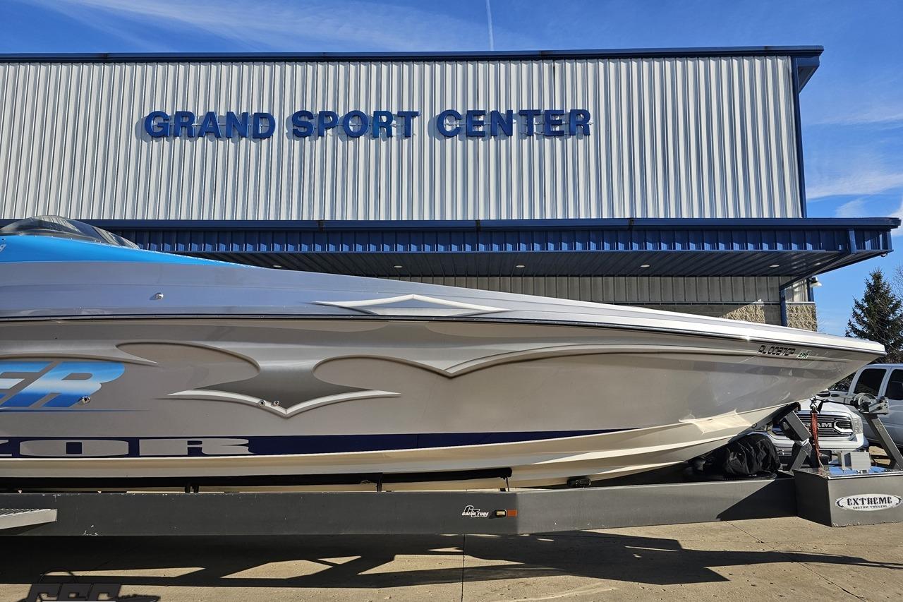 2007 Hustler 41 Razor boat at Grand Sport Center, side view.