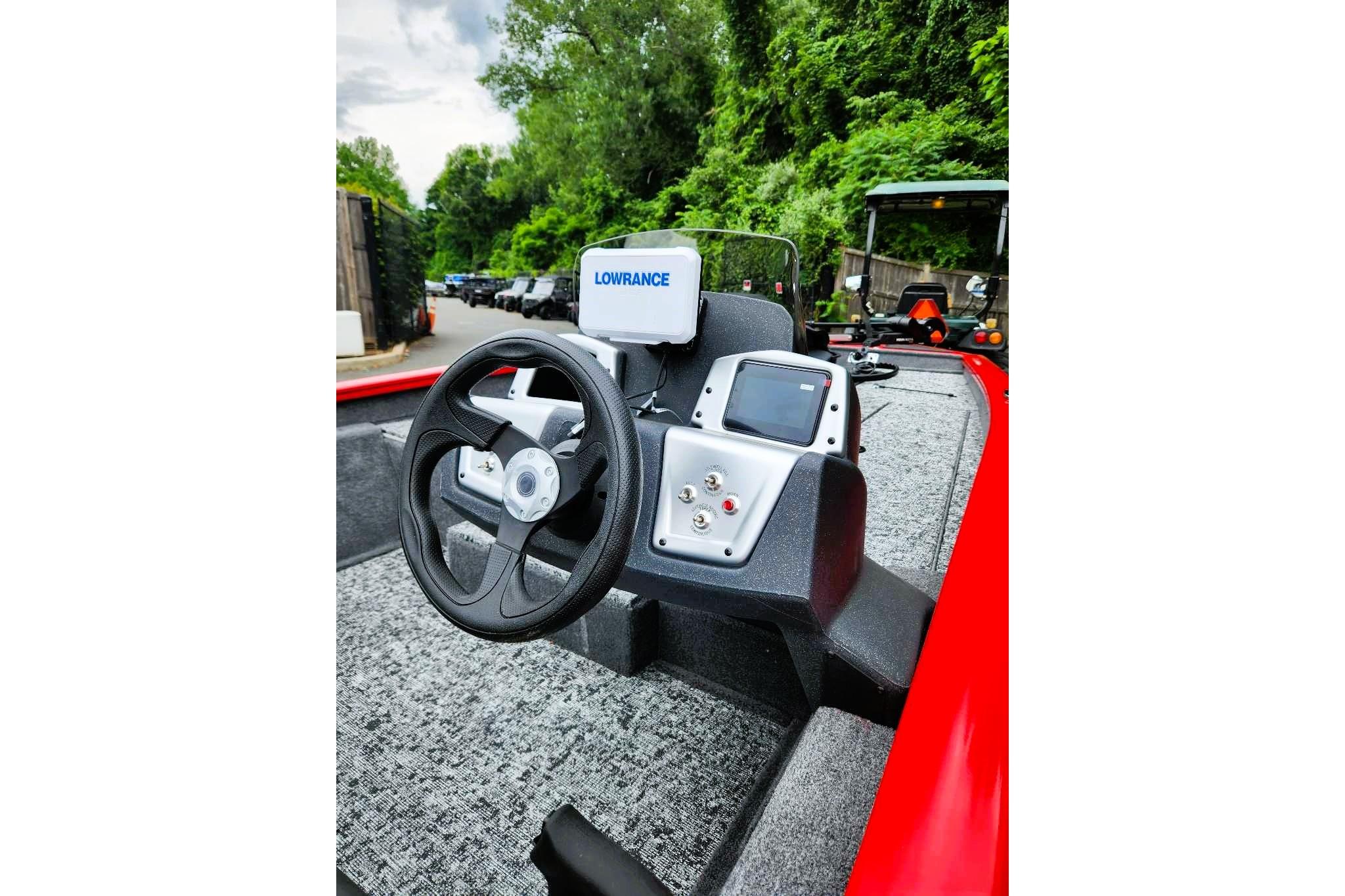 Steering console of 2026 Tracker Pro Team 190 boat with Lowrance electronics.