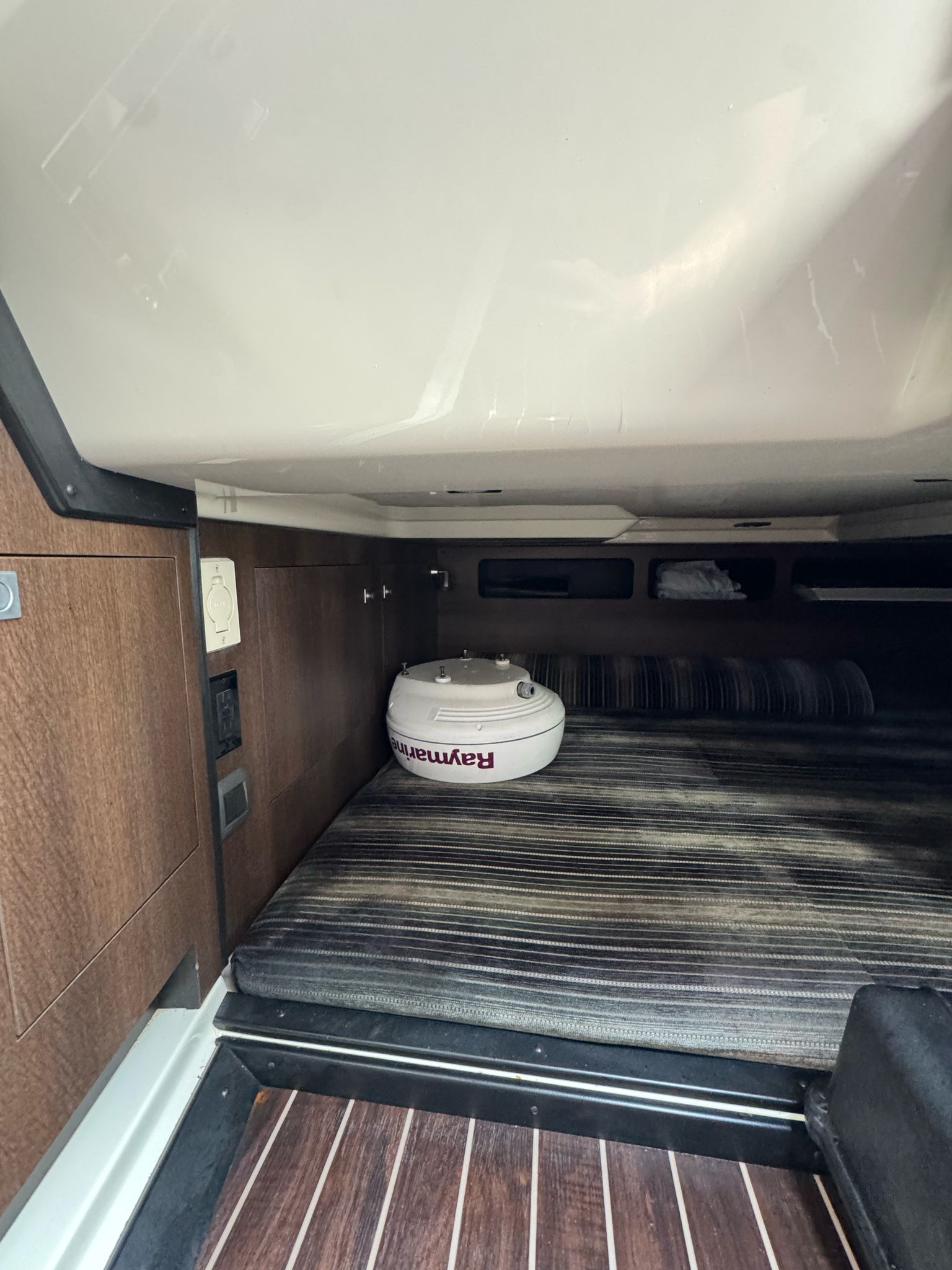 Interior of 2015 Monterey 360 Sport Coupe with Raymarine equipment.