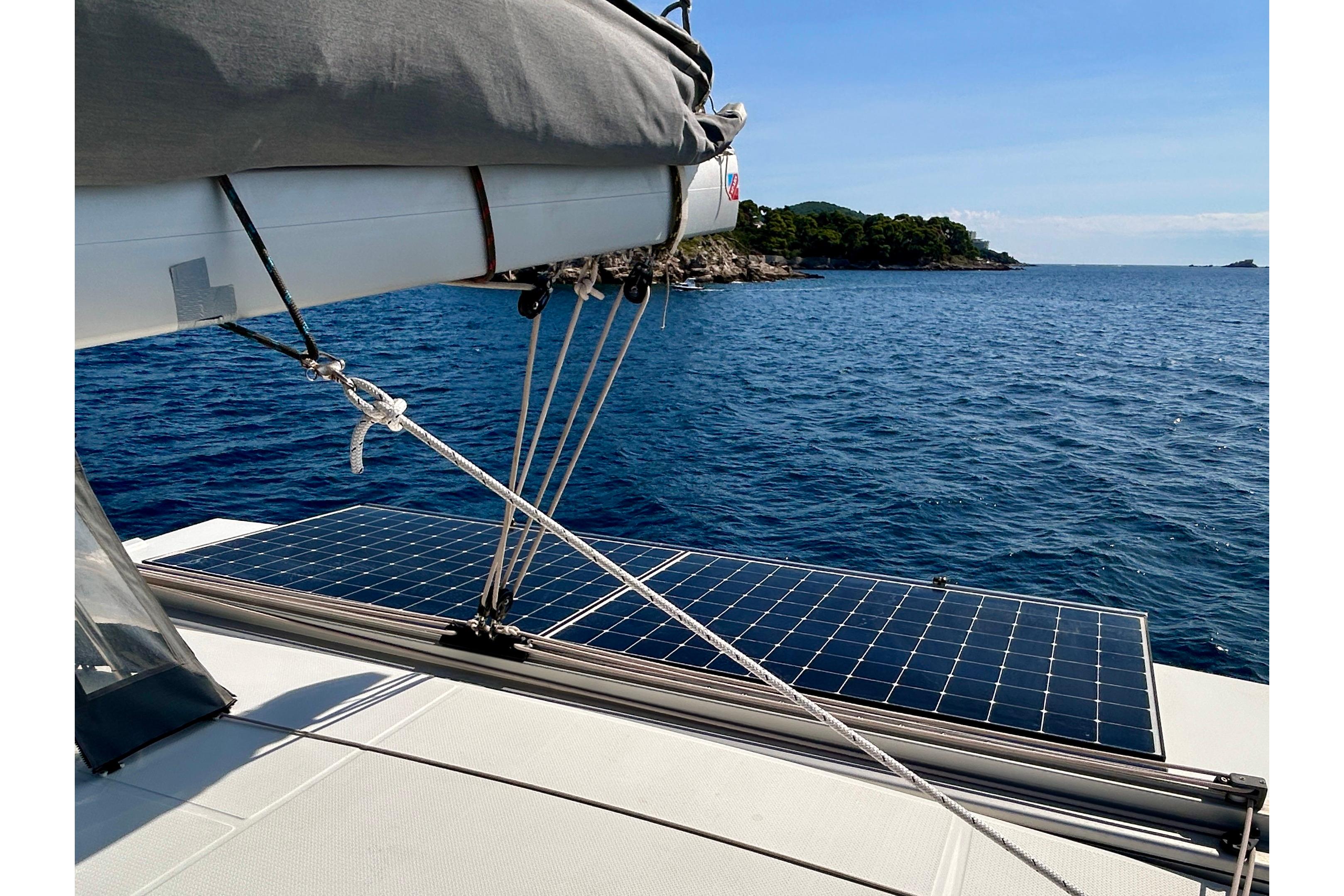 Sailing catamaran Fountaine Pajot Isla 40 with solar panels on deck, 2021 model.
