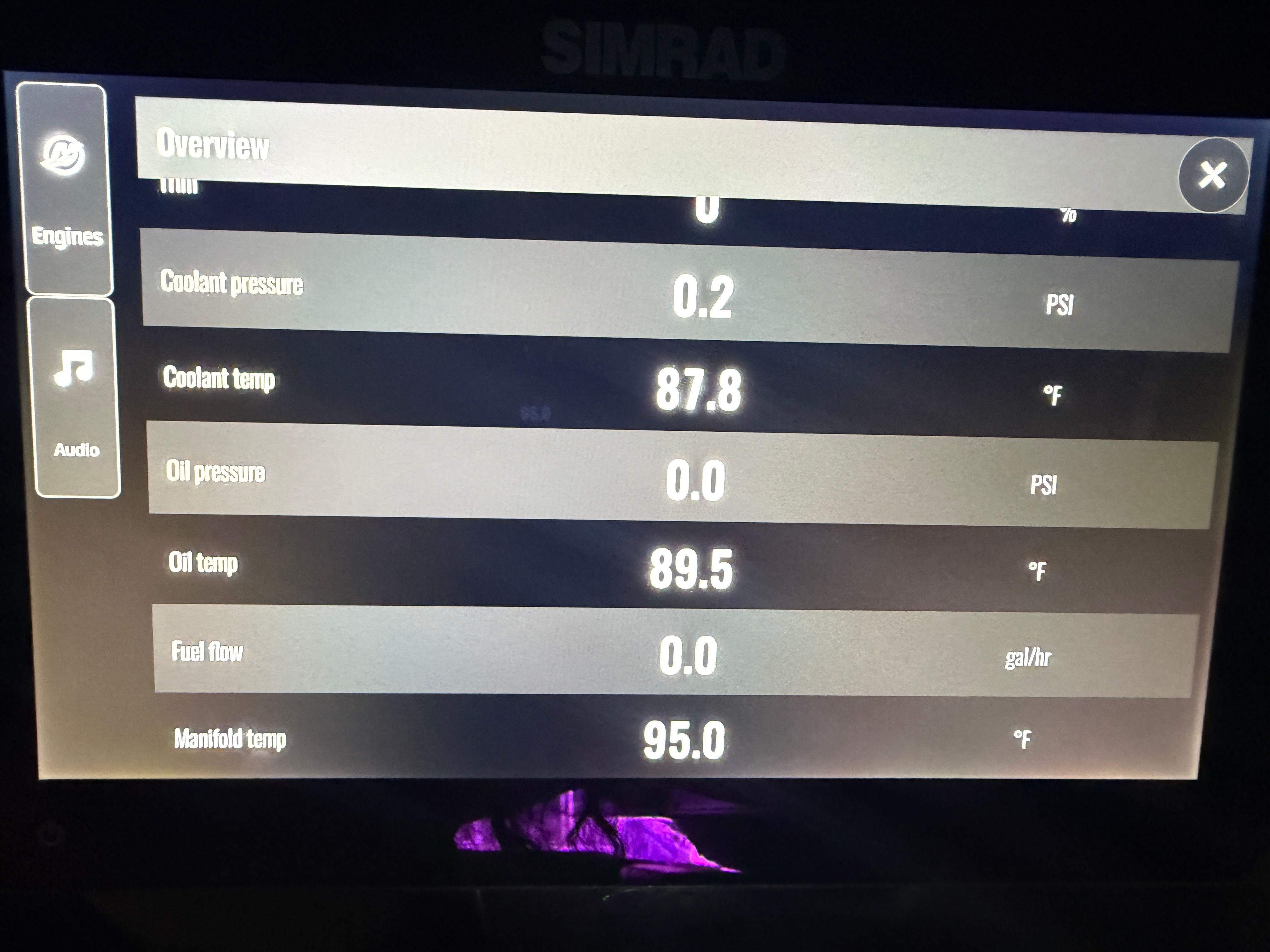 Simrad screen displaying engine and fuel data.