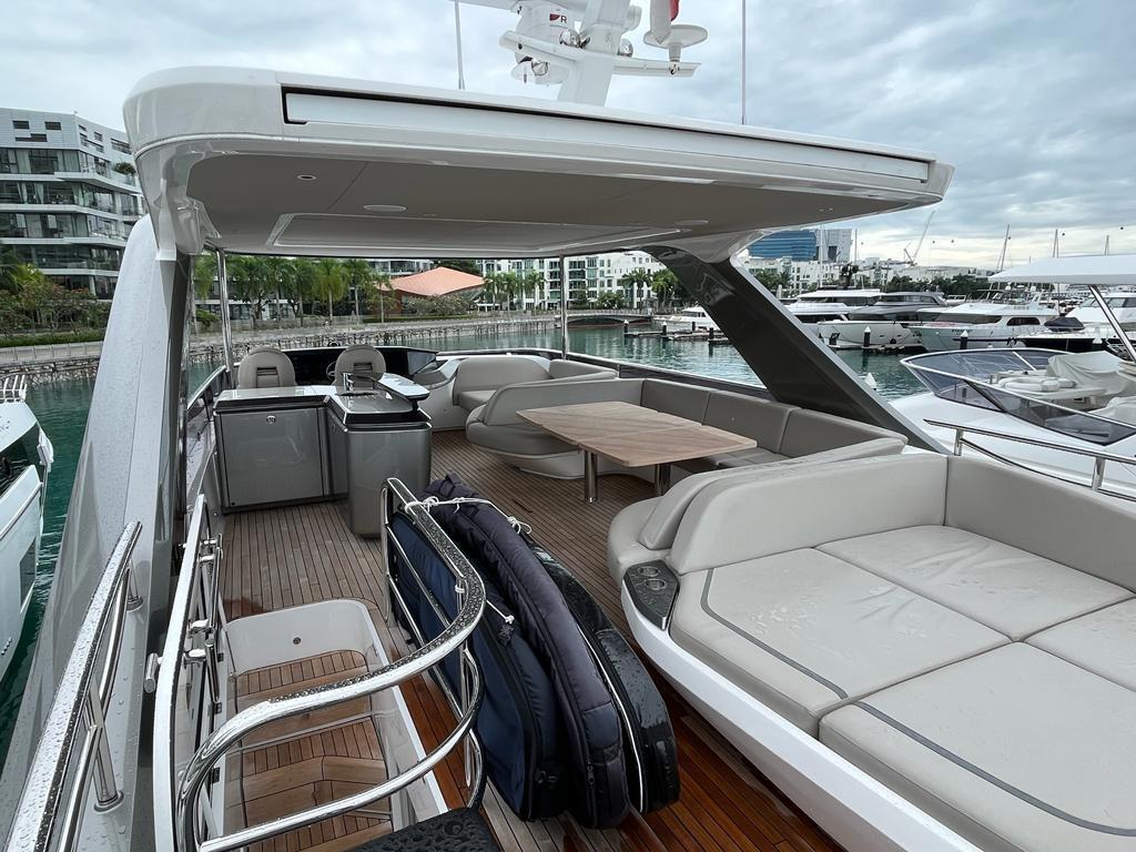 Luxurious 2021 Princess Y72 yacht with spacious deck and modern seating at marina.