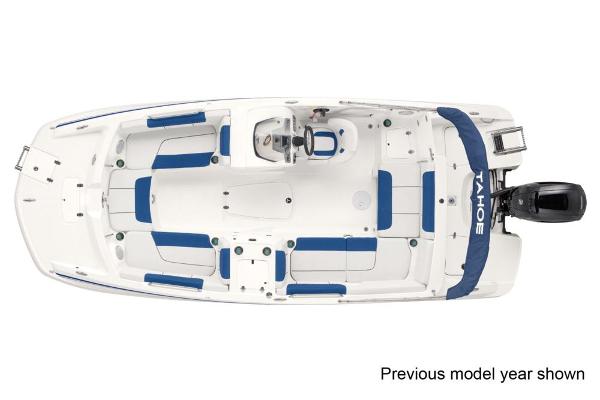 Overhead view of 2022 Tahoe 2150 boat, white with blue seating accents.