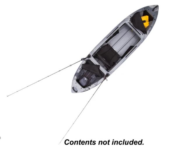 2021 Ascend H10 Hybrid Sit-In kayak, top view, with fishing rods and gear. Contents not included.