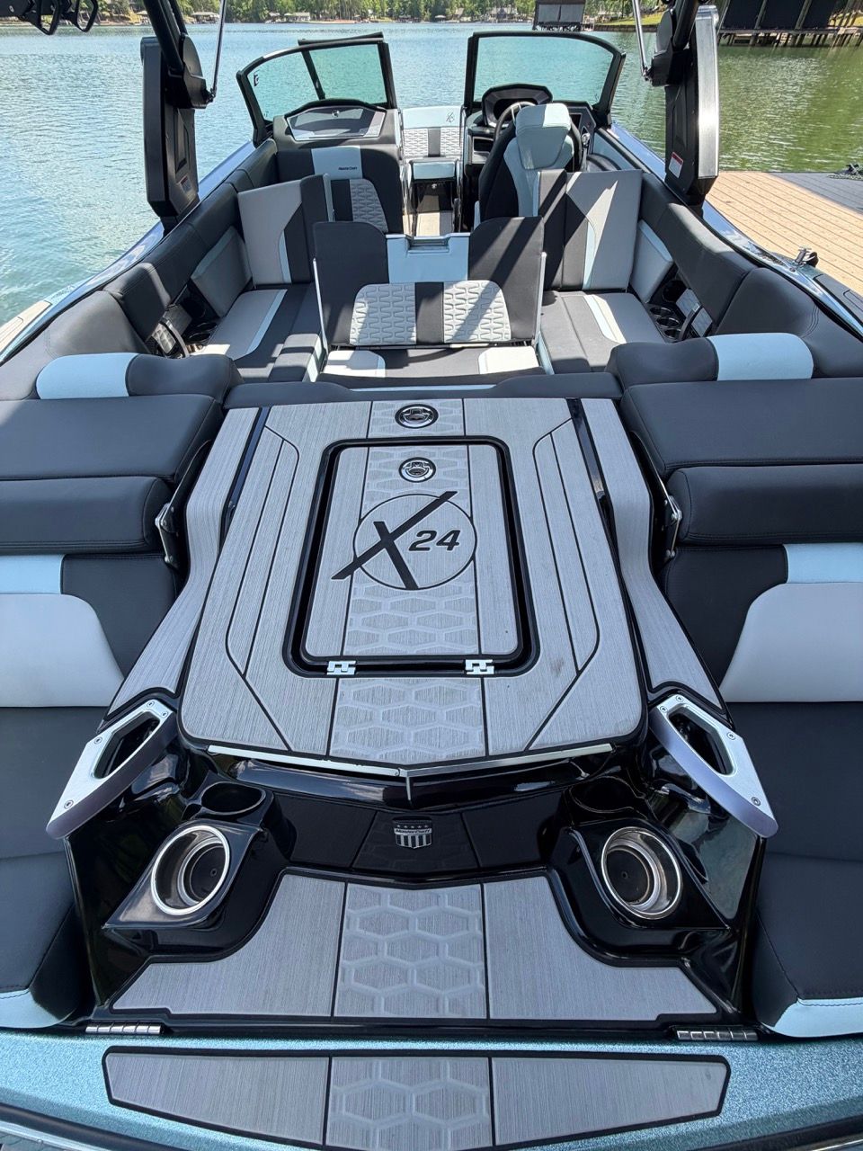 Interior of 2023 MasterCraft X24 boat with luxurious design.