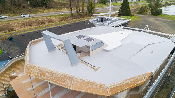 2025 Catamaran Bloomfield 86 Motorsailor under construction, showcasing deck and structural design.