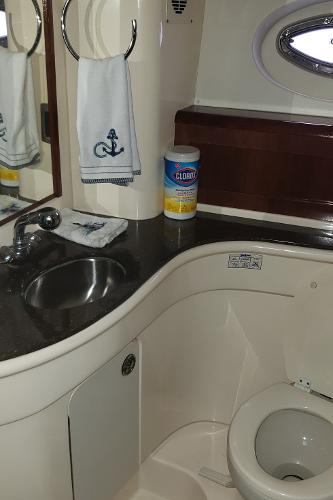 2010 Meridian 441 Sedan yacht bathroom with sink, toilet, and cleaning supplies.