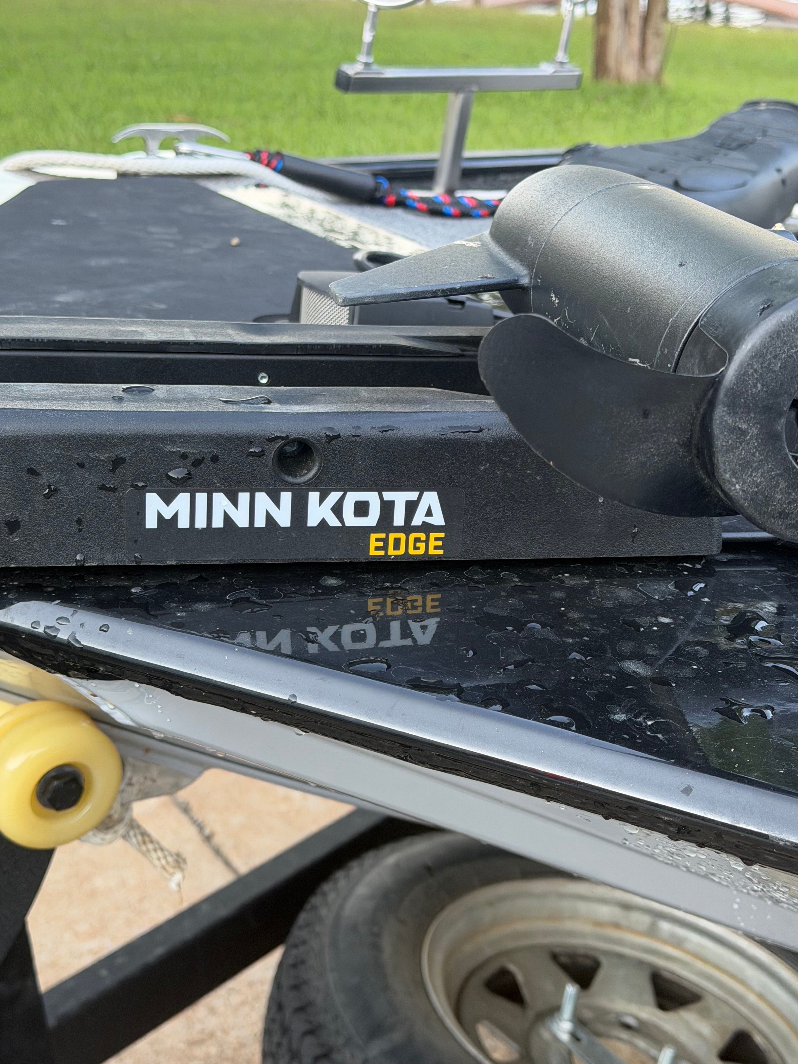 Close-up of a Minn Kota Edge trolling motor on a Bass Tracker Classic XL boat.