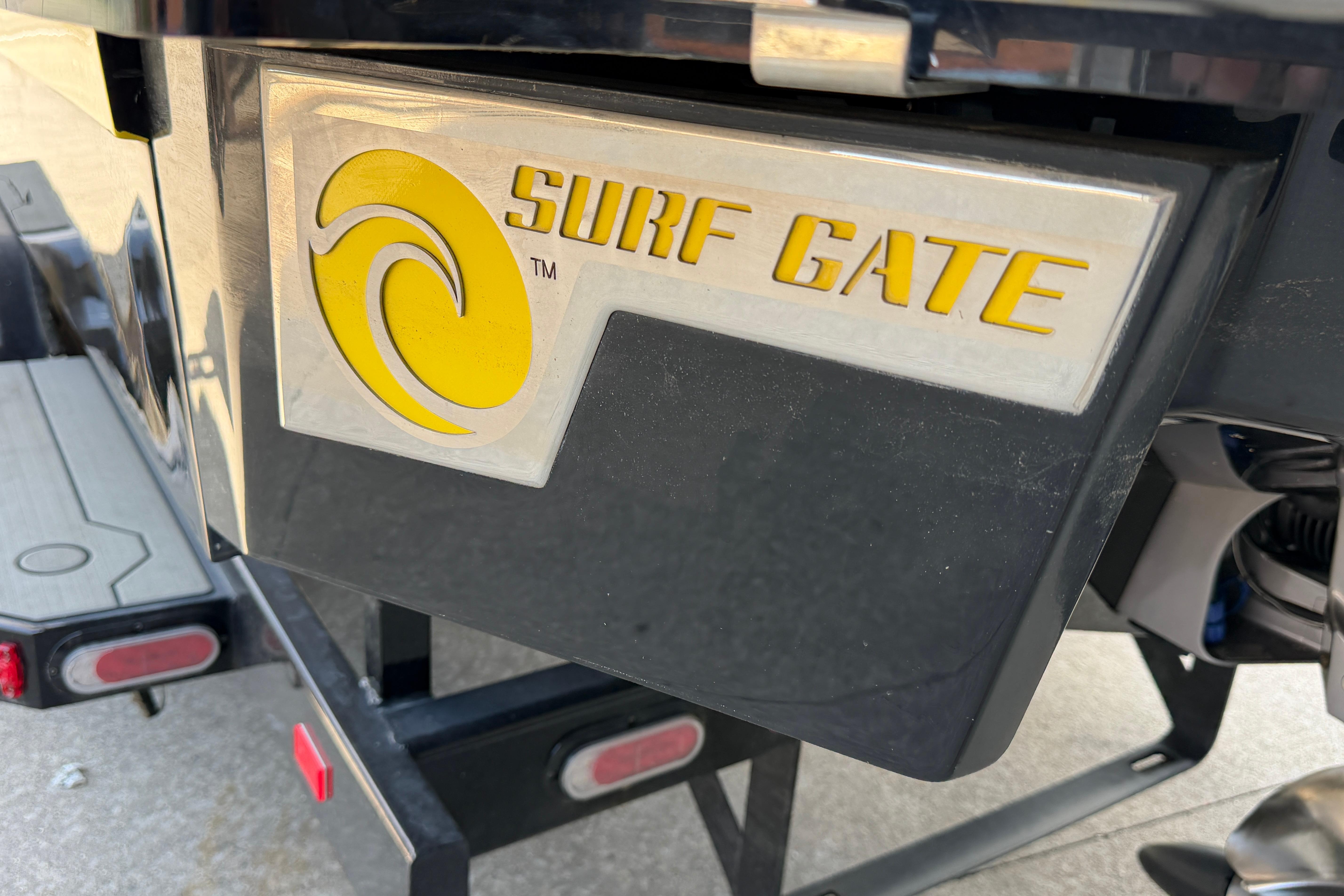 2021 Cobalt R8 Surf boat with Surf Gate feature, close-up view.