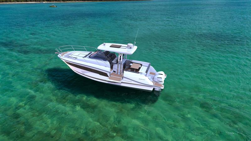 2026 Jeanneau Leader 10.5 WA boat on clear turquoise water.