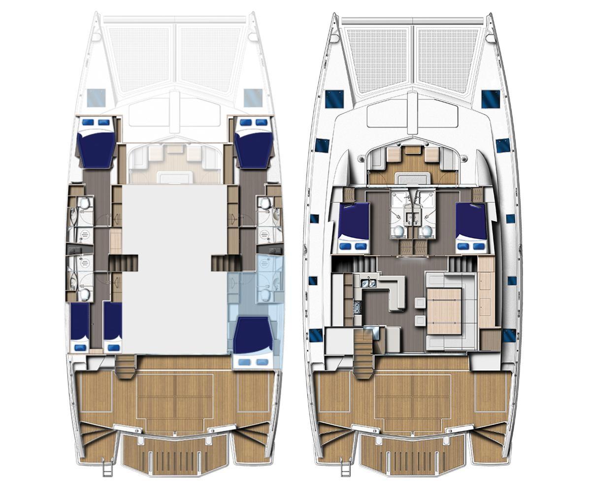 2014 Leopard 58 catamaran floor plan with detailed interior layout.